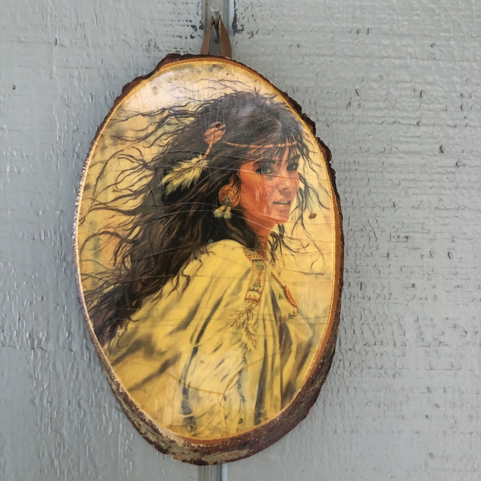 Indian Woman Yellowstone National Park USA Crackled Shellac Wall Hanging Wood