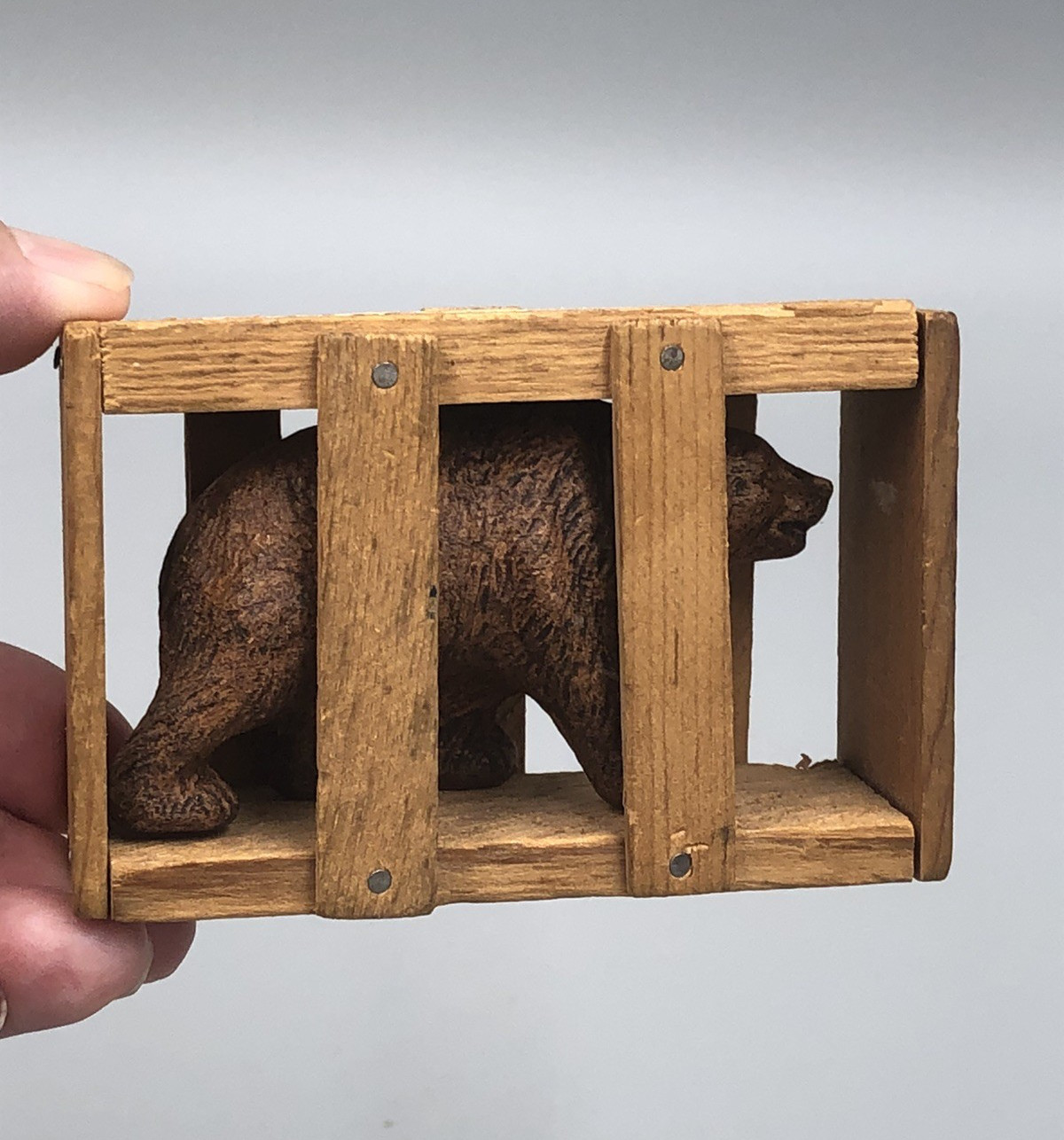 Good Luck Bear in Wood Crate Souvenir Yellowstone Park w/ Thomas Jefferson Stamp