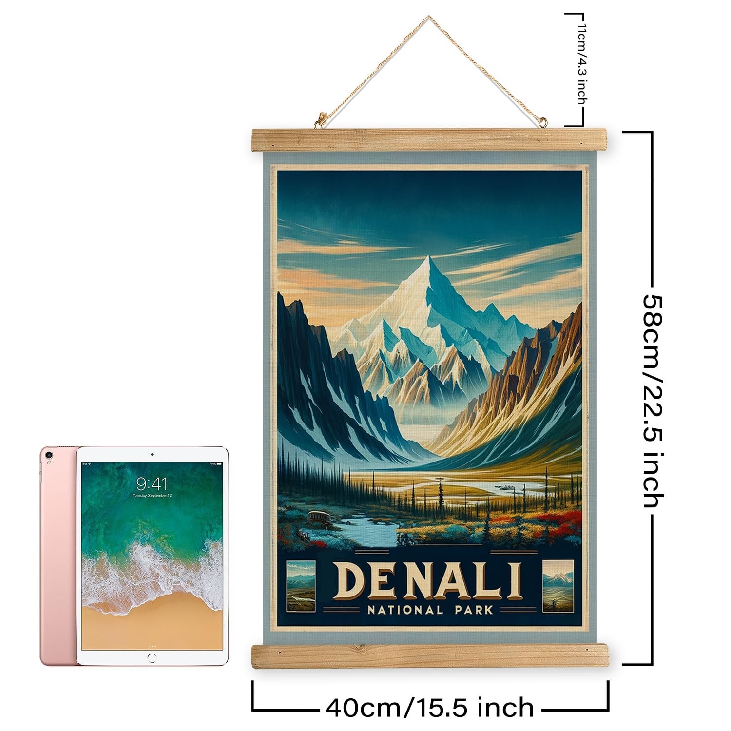 Vintage Denali National Park Travel Poster with Wooden Scroll Frame – Retro Wall