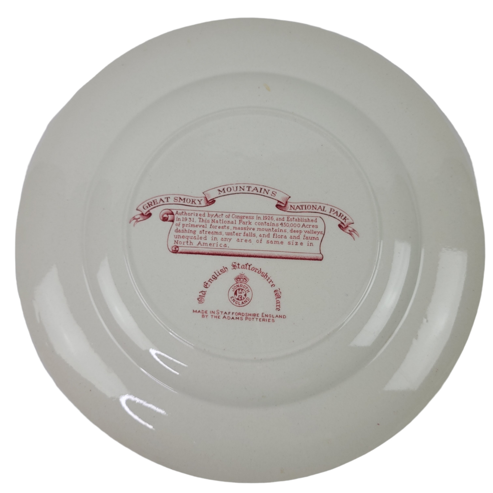 Red Transferware Plate Staffordshire Great Smoky Mountains National Park 9-3/4″