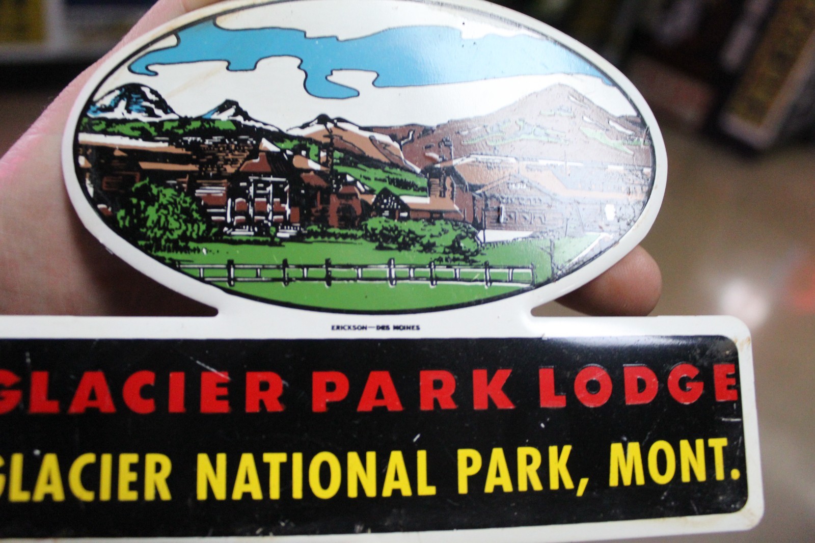 RARE 1950s GLACIER NATIONAL PARK LODGE MONTANA STAMPED PAINTED METAL TOPPER SIGN
