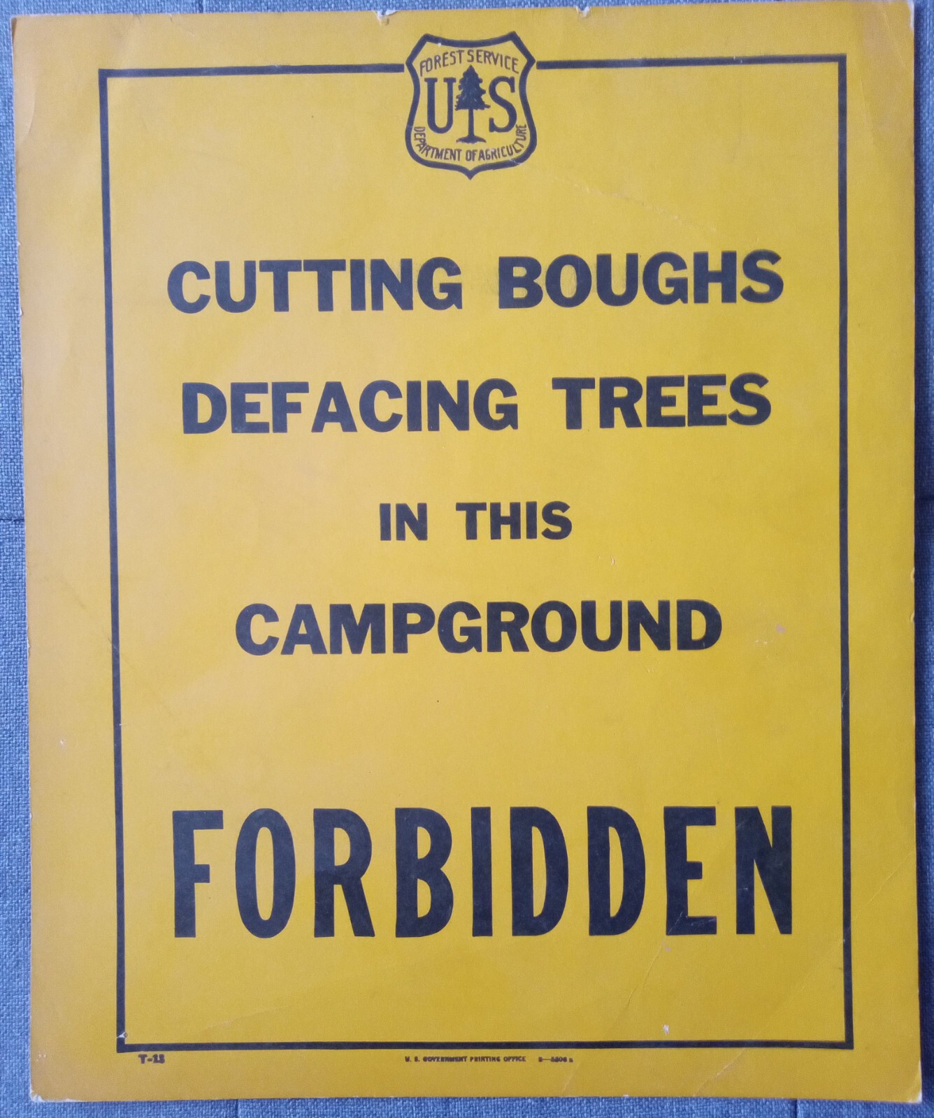 Vintage National Forest Service Paper Sign “Cutting Boughs Defacing Trees…”