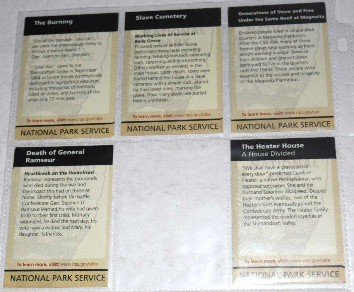 5 NPS CEDAR CREEK & BELLE GROVE NTL HISTORIC SITE, “Gen. Ramseur” NPS CARDS, New