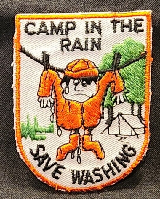 Camp In The Rain Save Washing Orange Green White 2.5″ Patch Camping Hiking