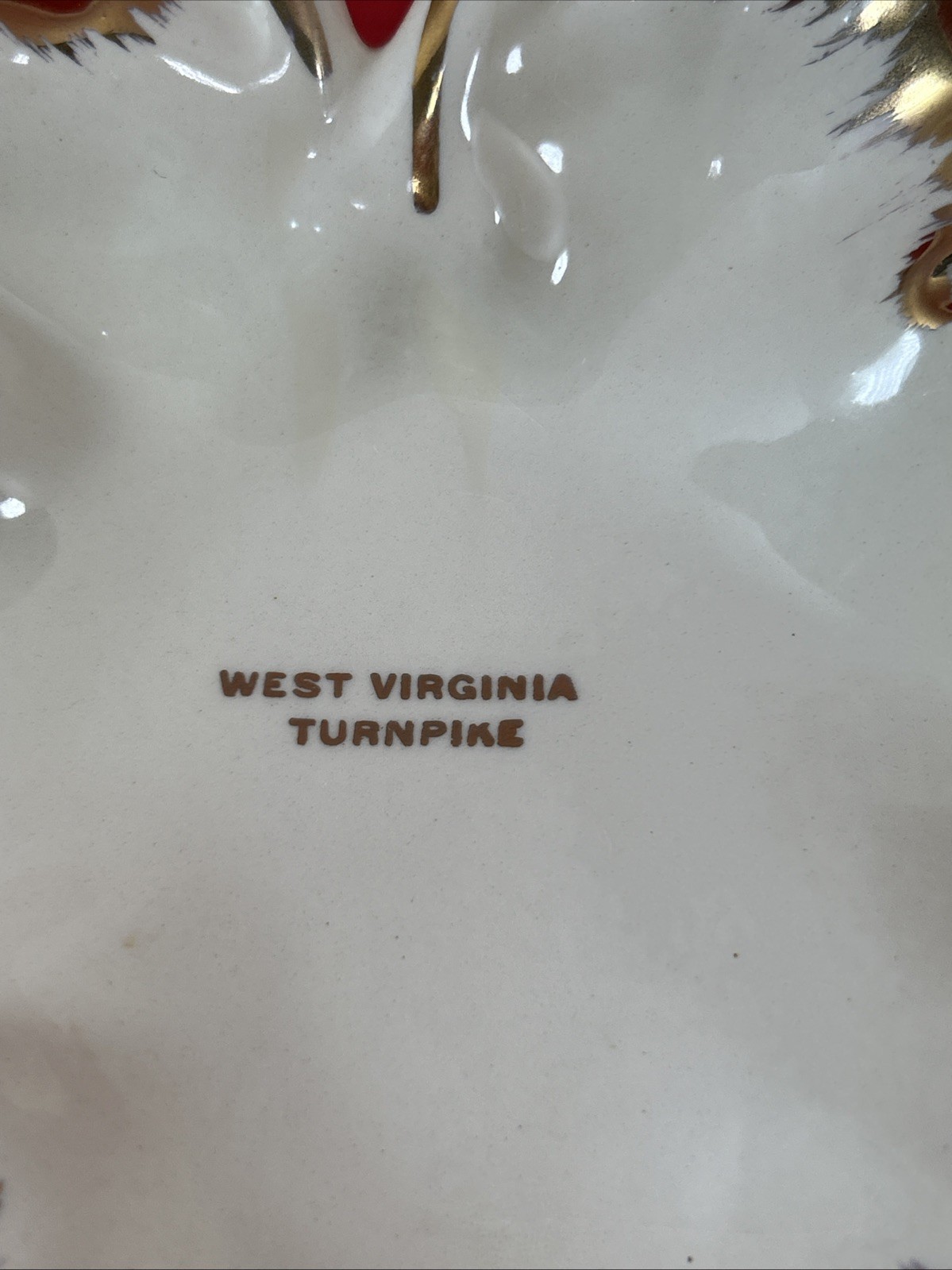 West Virginia Turnpike Porcelain Leaf Ashtray Trinket Dish Souvenir Vintage 7×6”