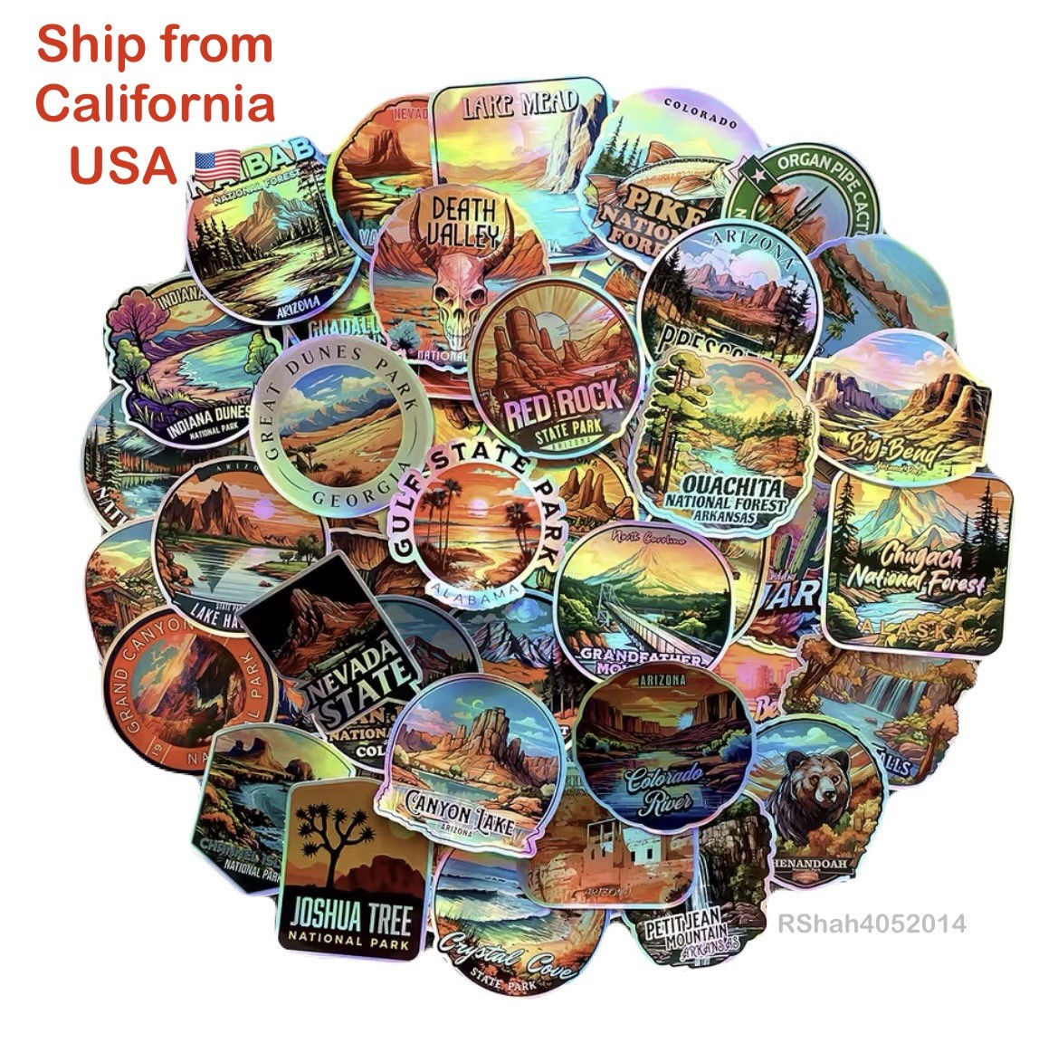 5 Random Stickers – 3” inch Hologram Laser effect USA National & State Parks