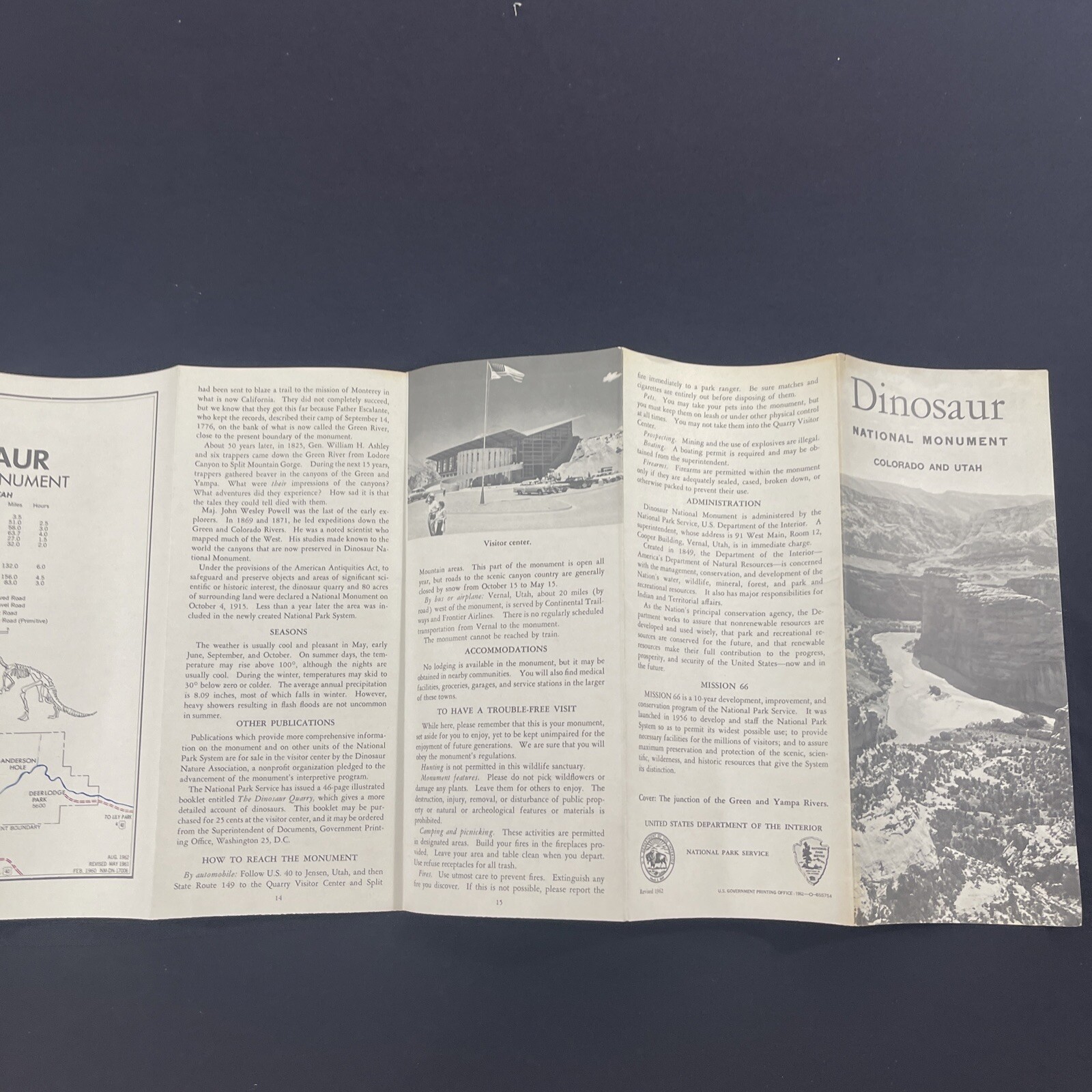 Vintage 1962 Dinosaur National Monument Brochure Pamphlet Map Guide Info CO UT