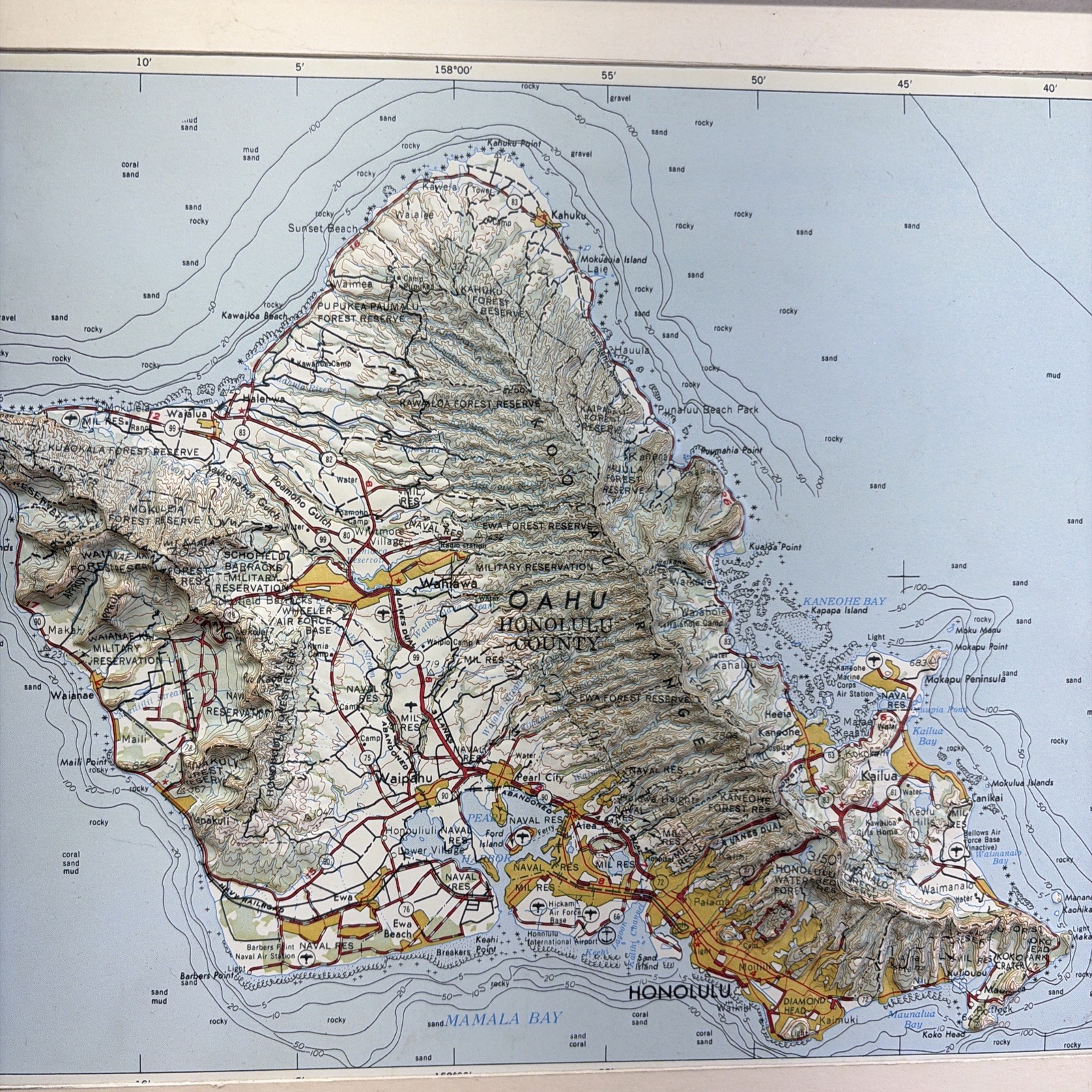 Raised Relief Map of the island of Oahu, Hawaii Honolulu 3D Framed Vintage