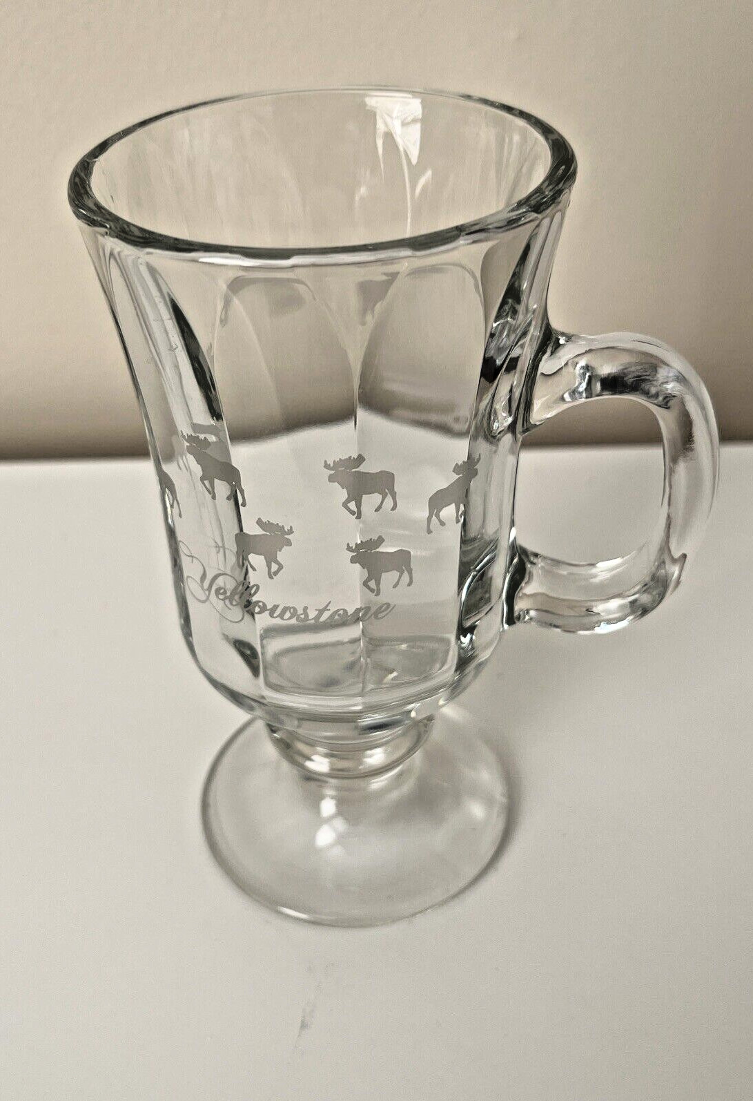 Vintage Yellowstone Footed Clear Glass Mug W/Etched Moose 12 Oz Stands 5.5″