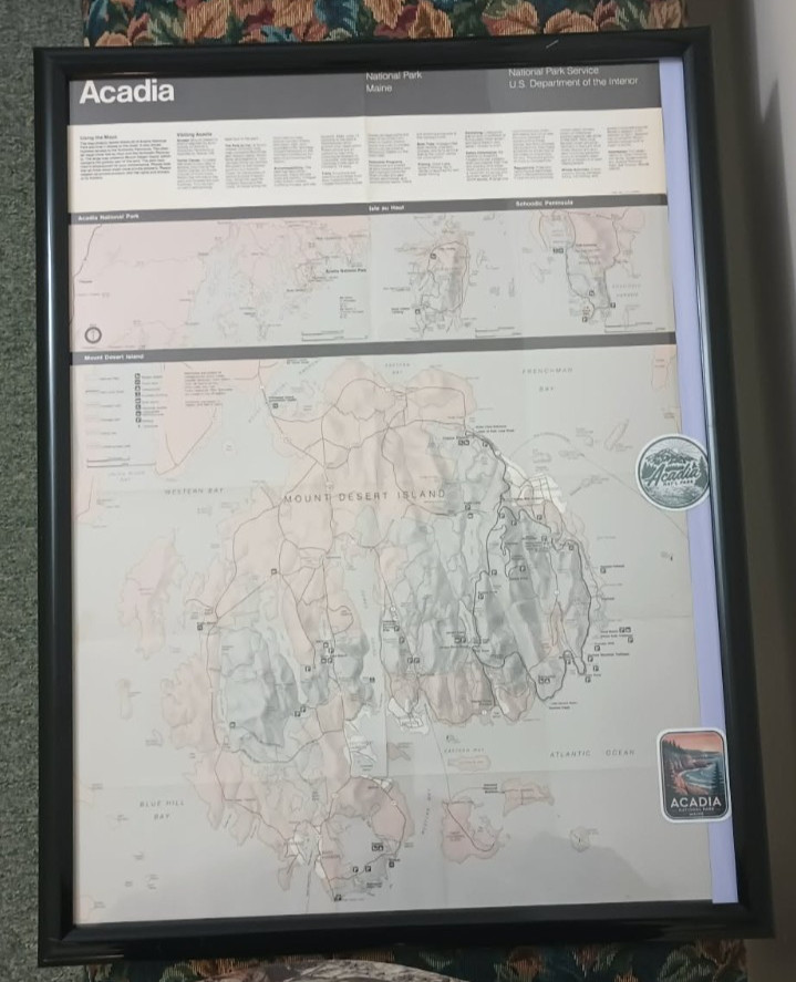 Framed Acadia National Park Map/Brochure 1987 Mount Desert Island Maine 19 x 25