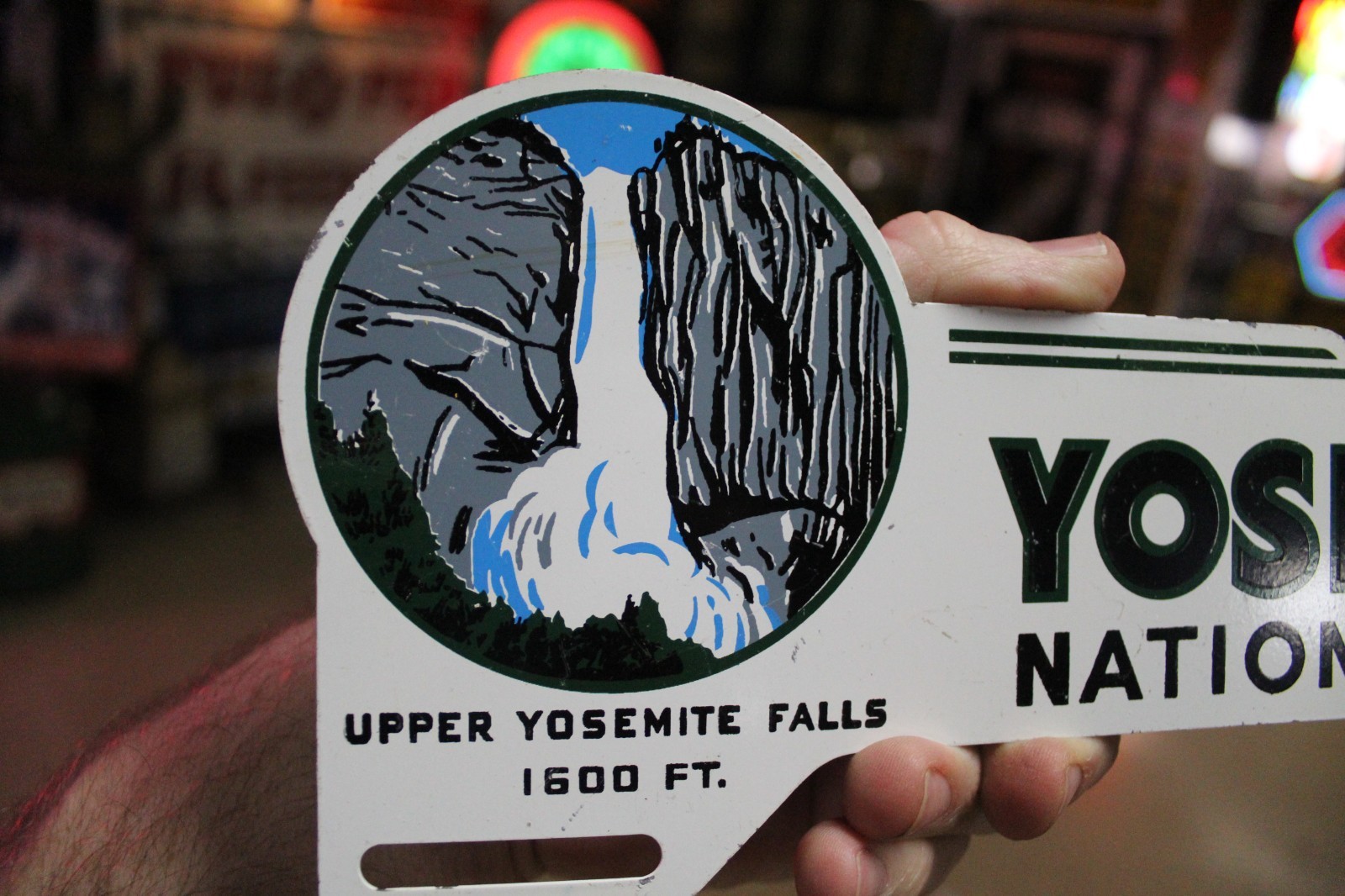 RARE 1950s YOSEMITE UPPER FALL PARK CALIFORNIA STAMPED PAINTED METAL TOPPER SIGN