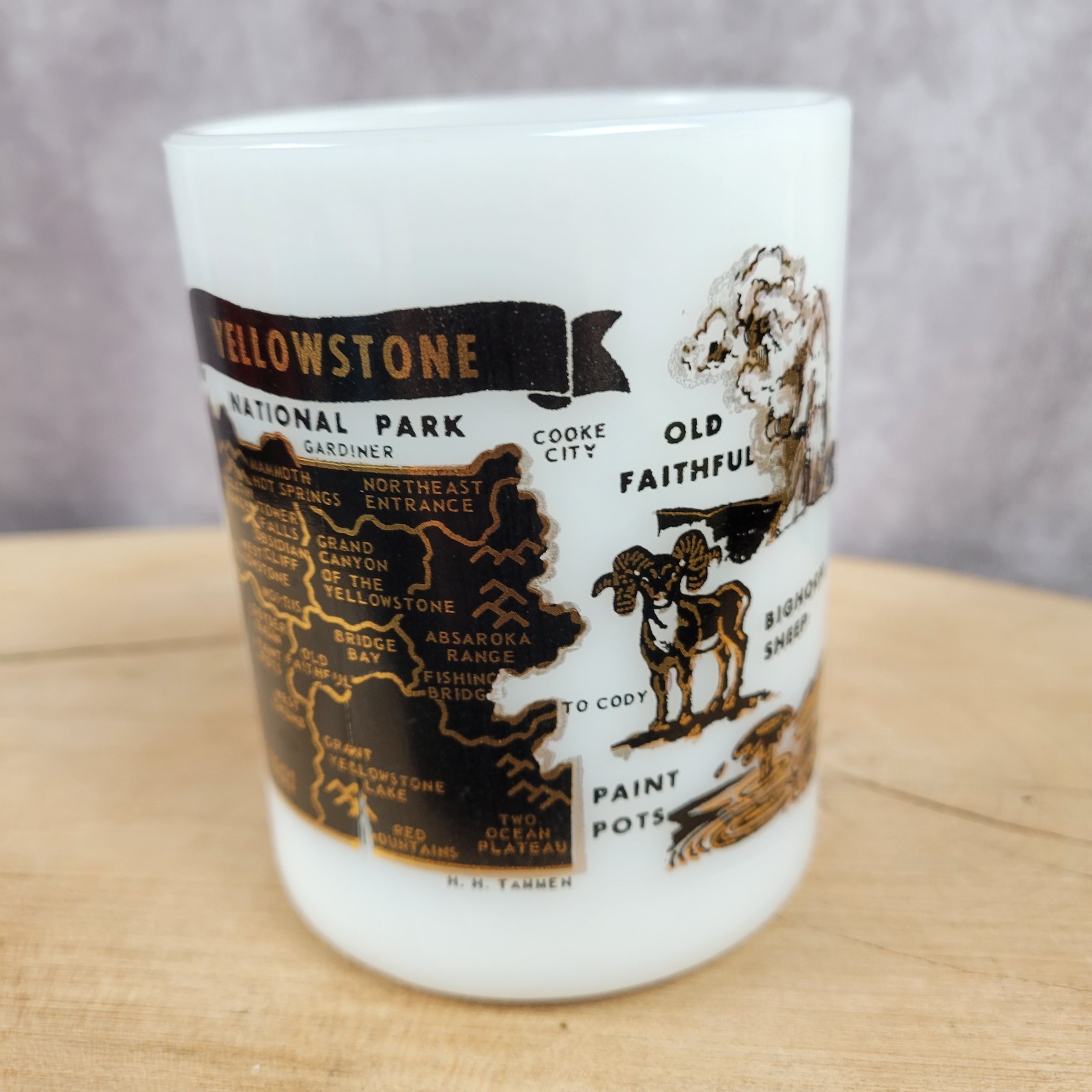 Vintage Yellowstone National Park Mug Federal Milk Glass Cup White Gold Black