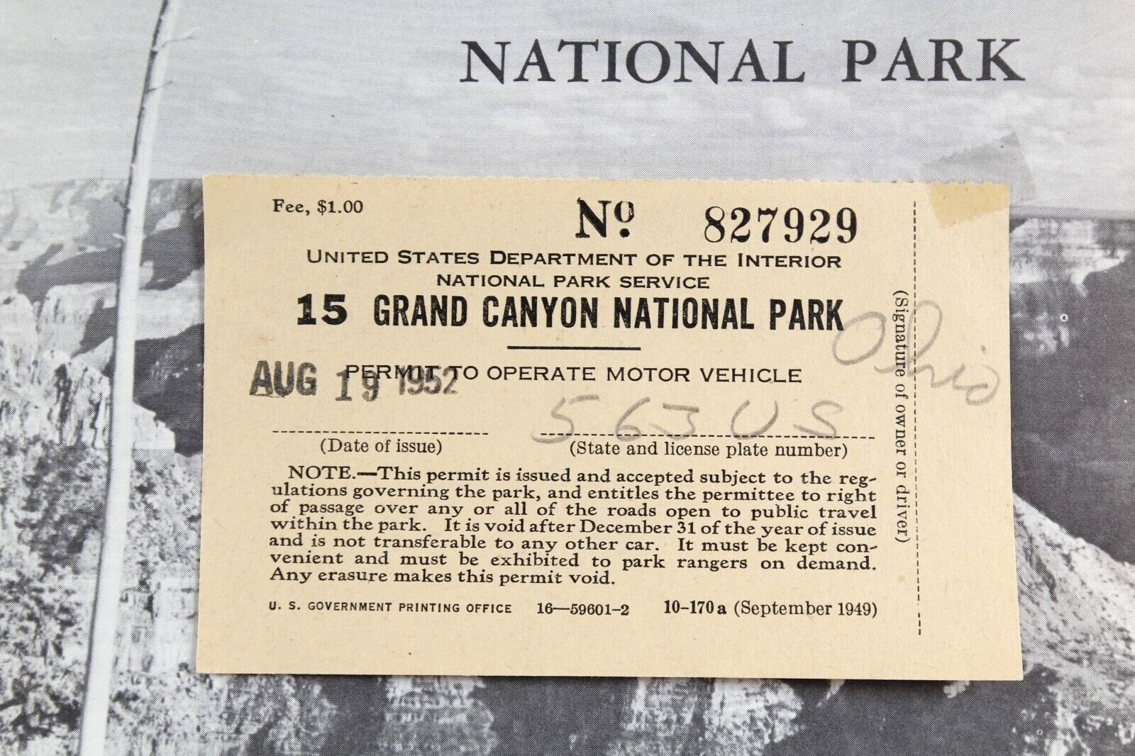 Grand Canyon National Park Brochure 1957 and 1952 Car Permit Arizona