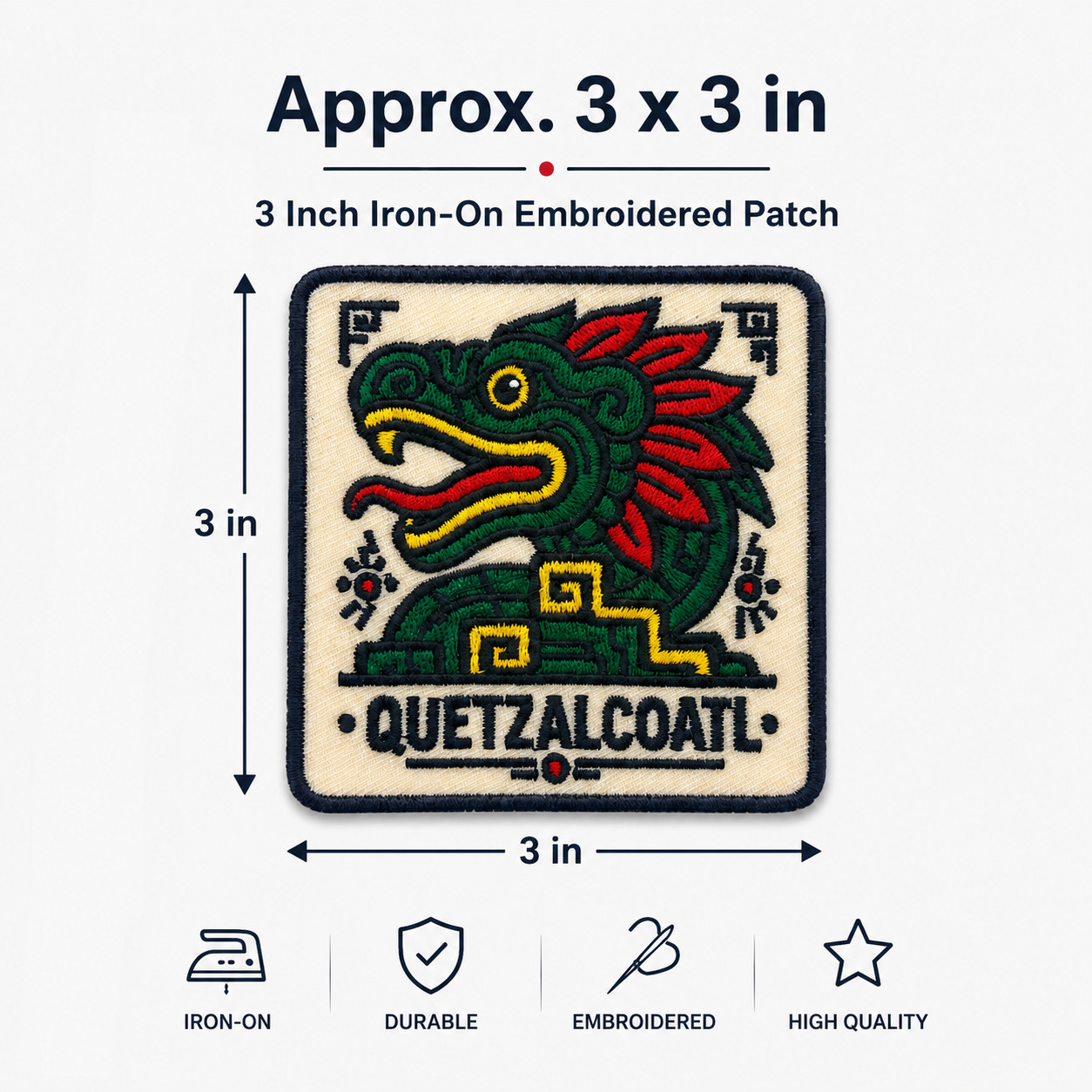 Quetzalcoatl Aztec Feathered Serpent 3 Inch Iron-On Embroidered Patch