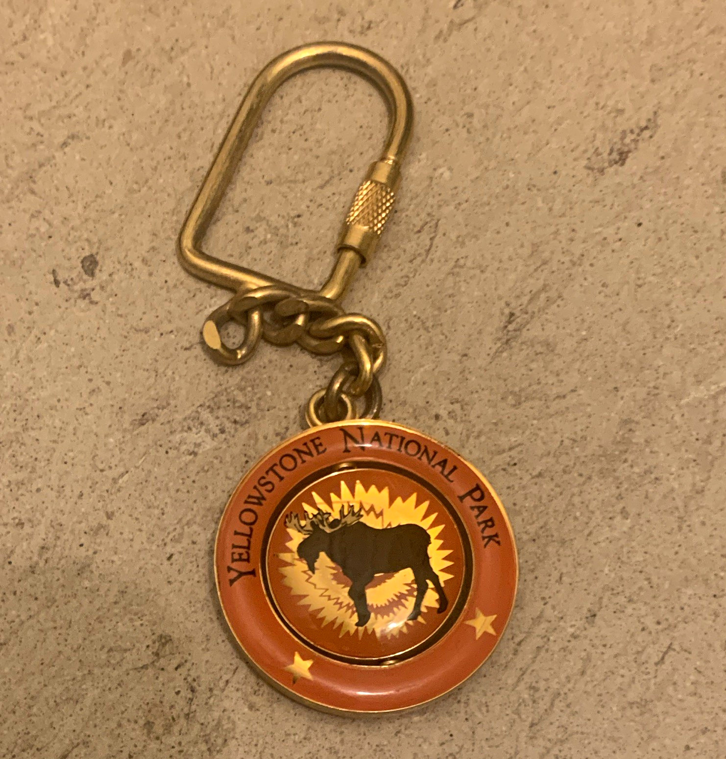 Yellowstone National Park Moose Keychain Orange Round Medallion Carabiner Clip