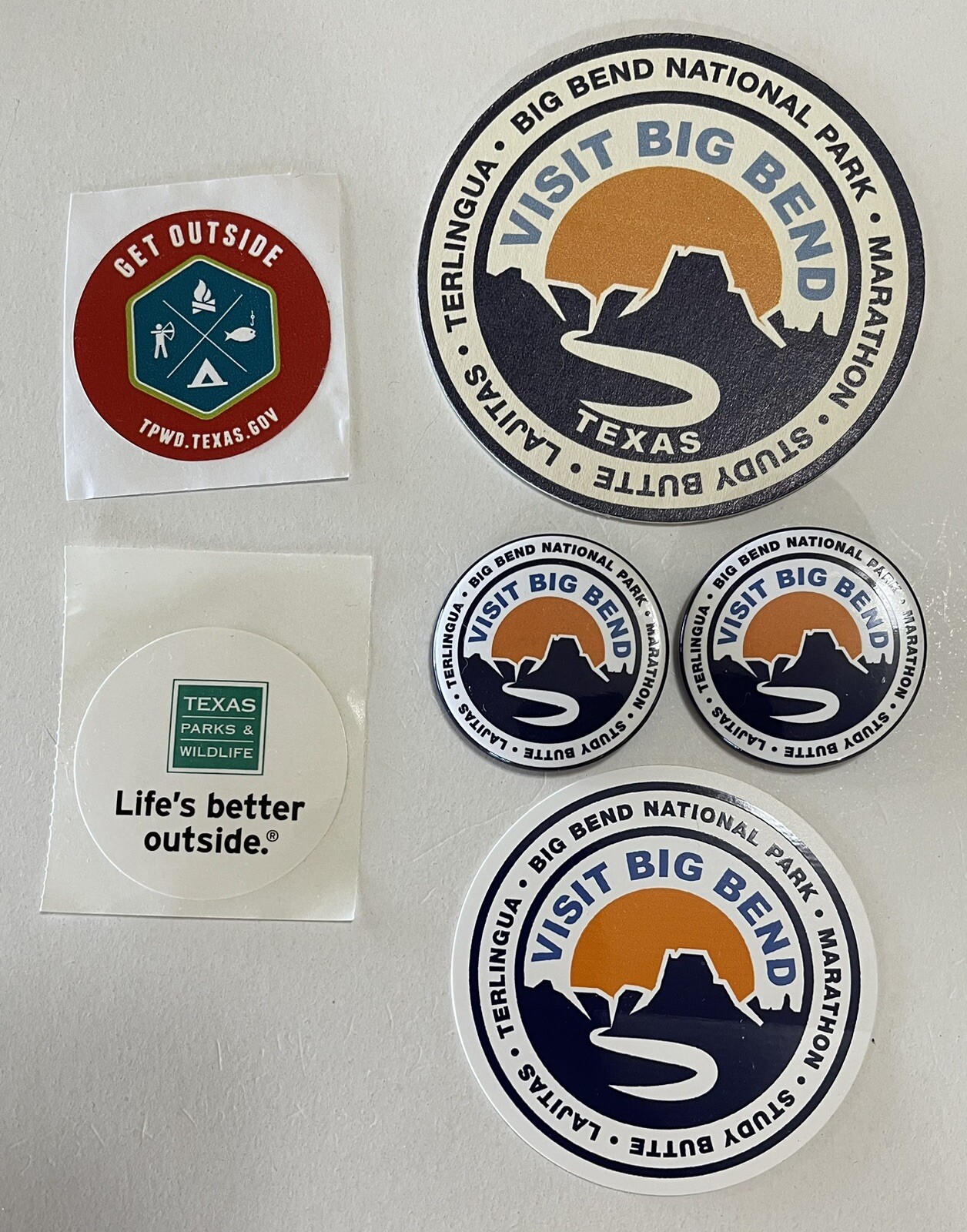 BIG BEND NATIONAL PARK Sticker, Pin-Back Buttons, Beer Coaster, 6 items included