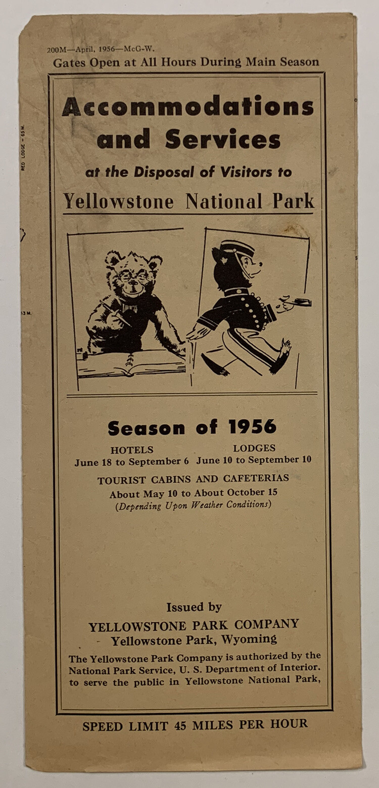 Vintage Brochure: 1956 YELLOWSTONE NATIONAL PARK – Wyoming – Tourist Cabins