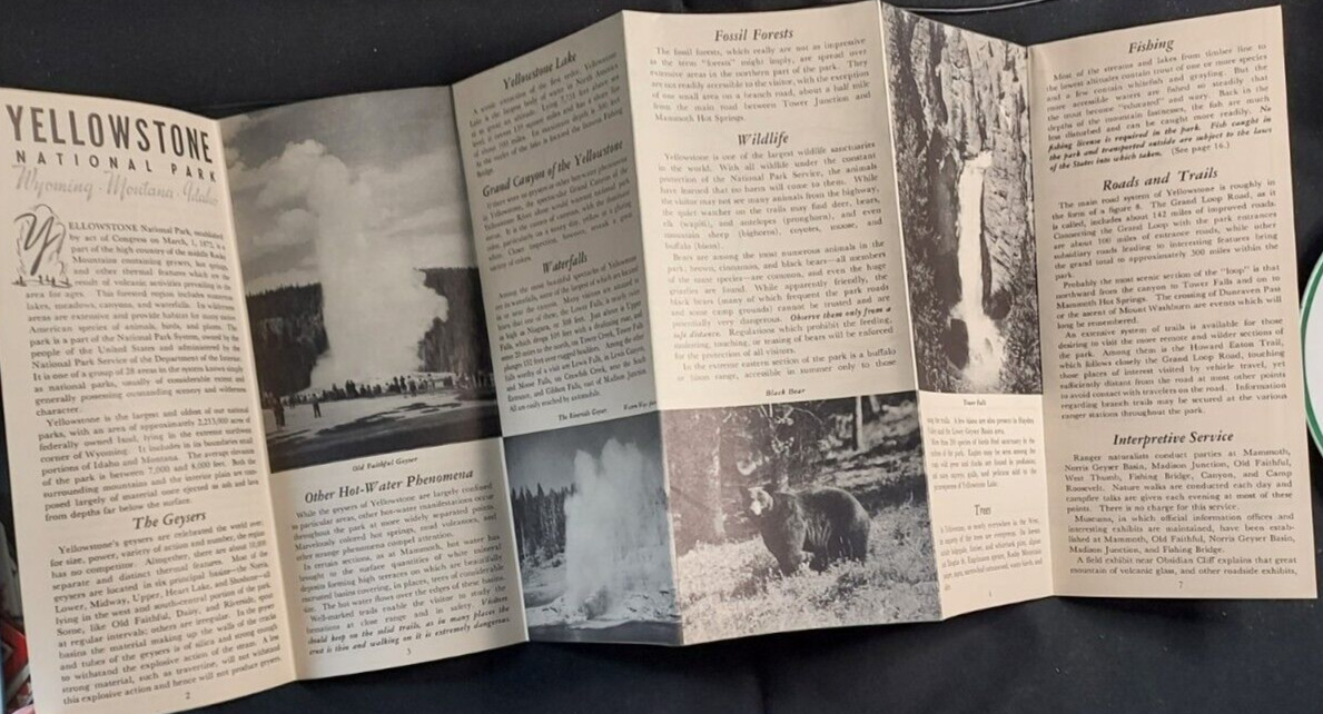 1949 Tourist Brochure Yellowstone National Park Map Falls Geysers Roads Trails