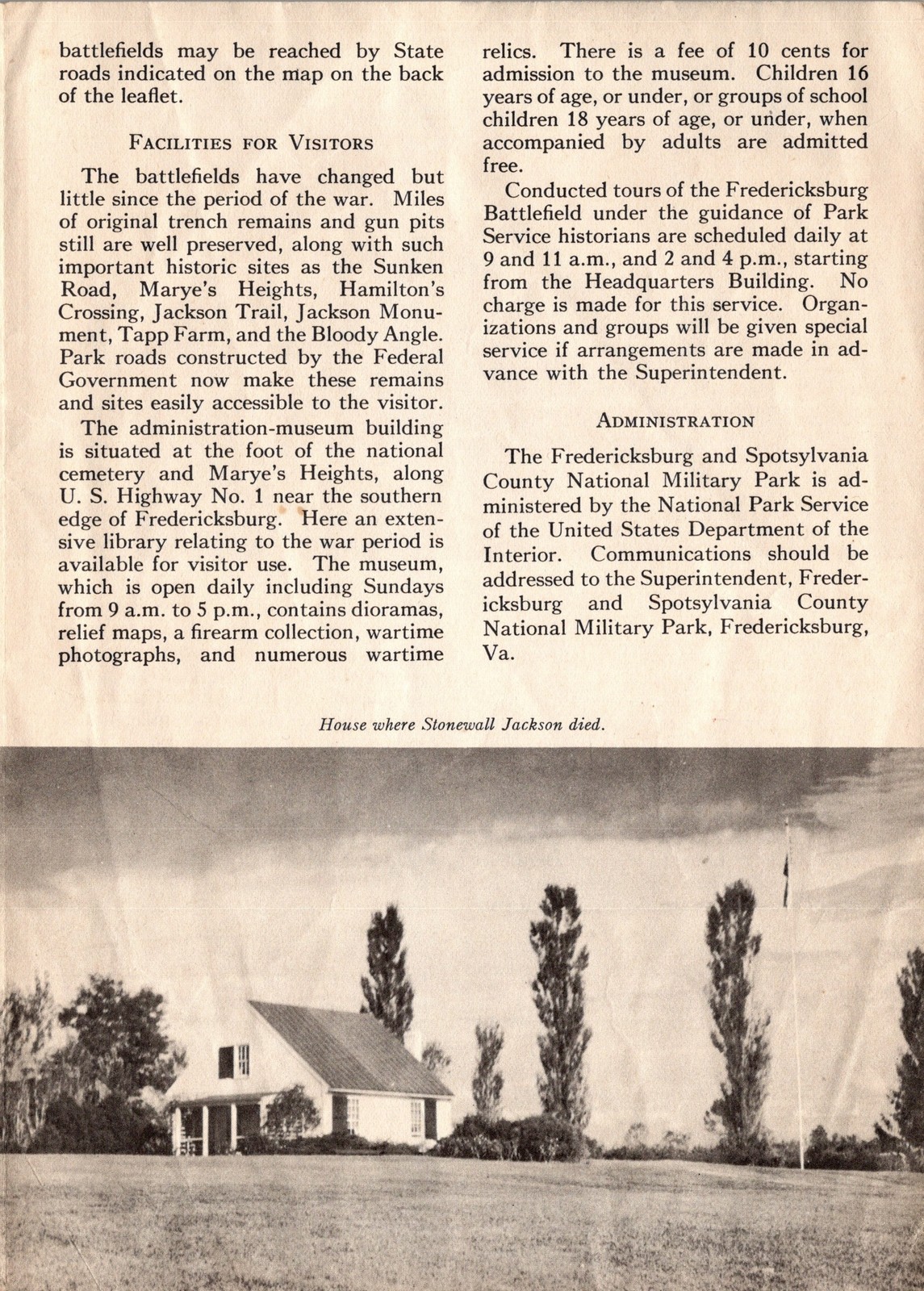 1942 Fredericksburg and Spotsylvania County National Military Park Brochure Map