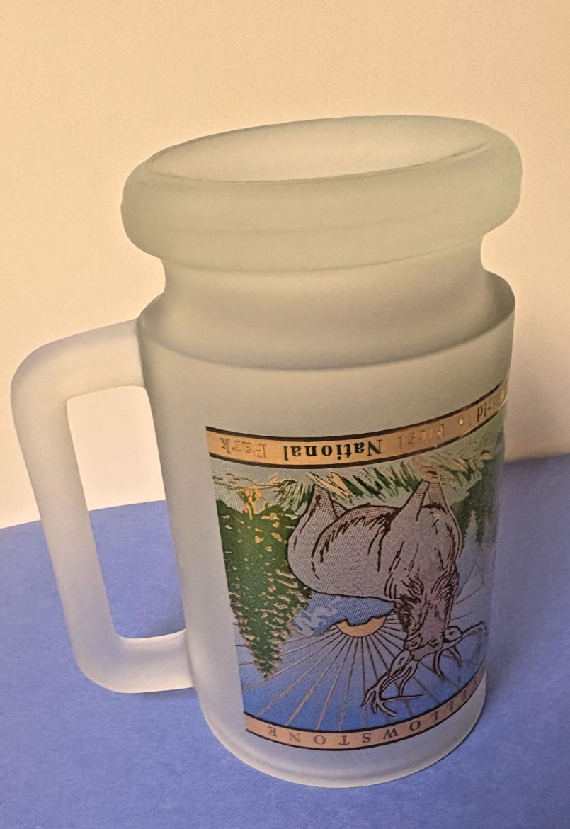 Vtg New 1999 YELLOWSTONE Worlds First National Park Frosted Glass Mug