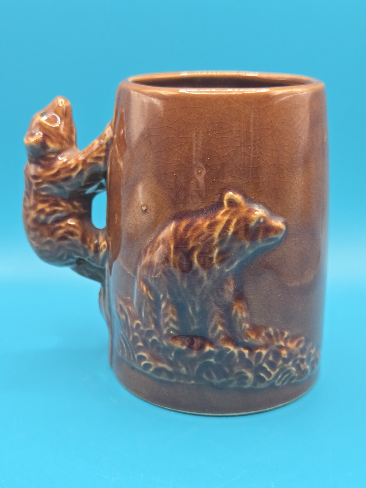 Vtg Souvenir Yellowstone Park Old Faithful Brown Bear Coffee Mug Bear Handle