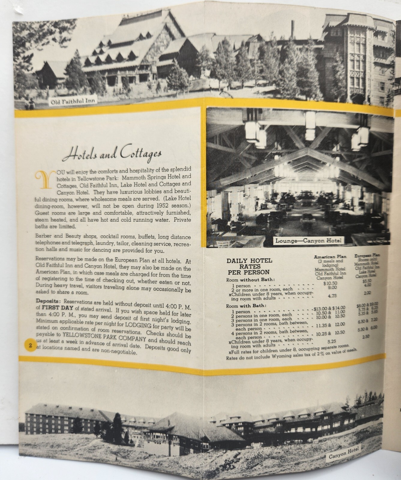 Yellowstone National Park Brochure Hotels Cottages Lodging Cabins c.1952