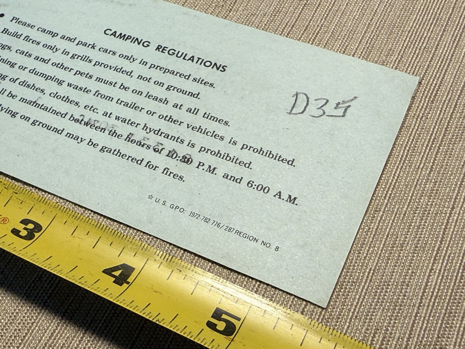 1974 Zion National Park Camping Permit Ticket Stub