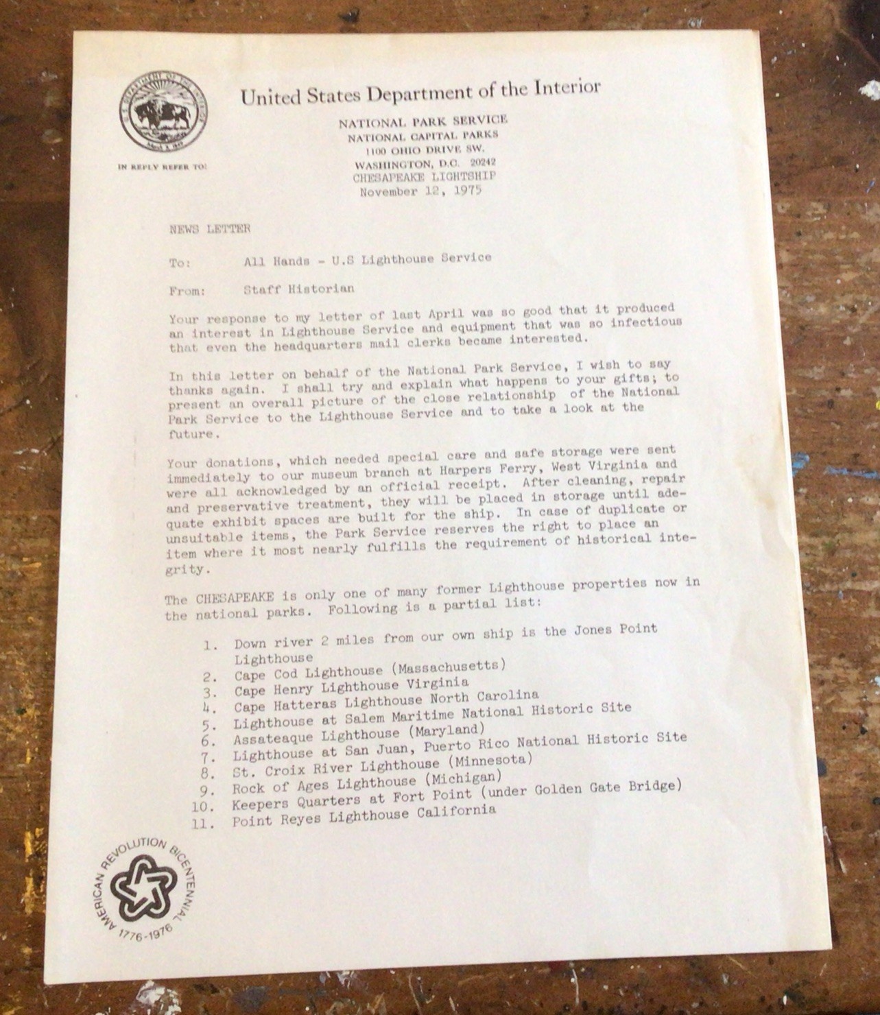 Dept. Of interior (2) Letters To Floyd Crewe former Crewman Lightship Chesapeake