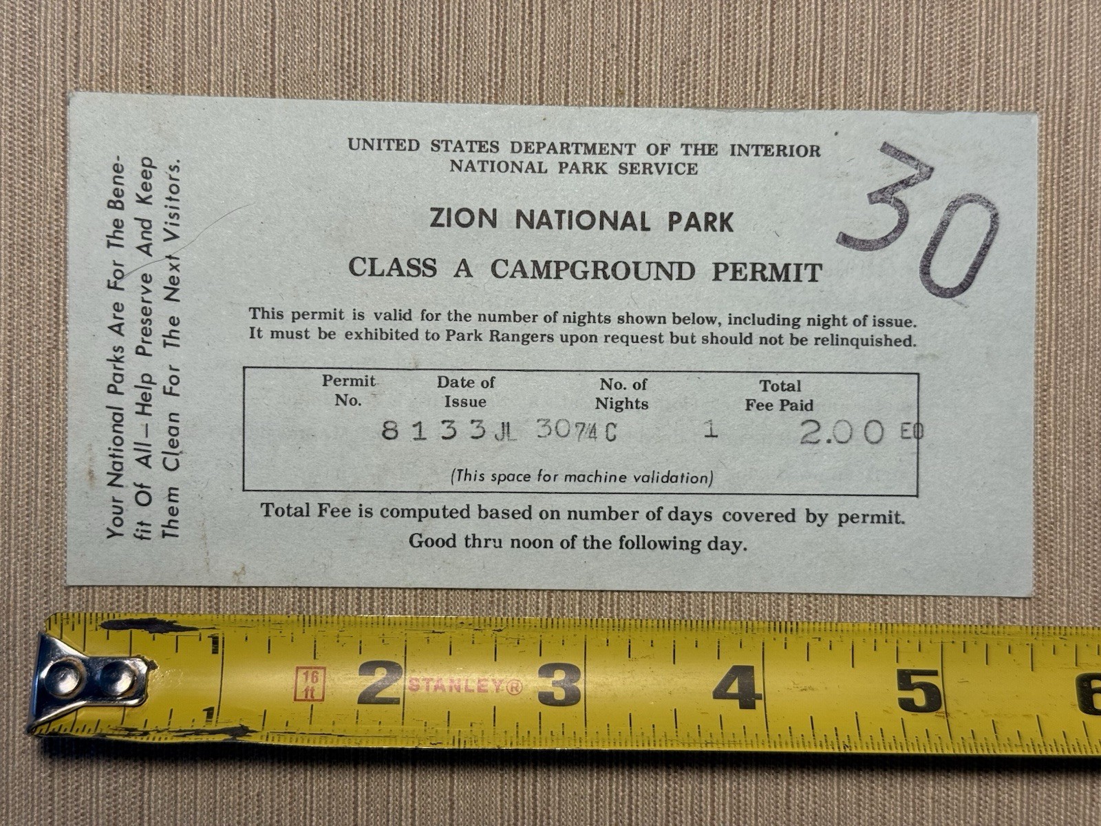 1974 Zion National Park Camping Permit Ticket Stub