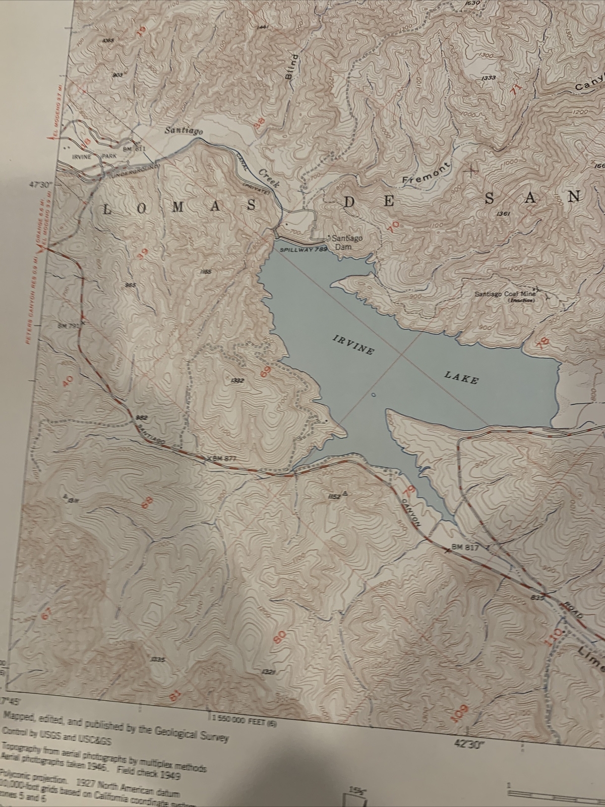 VTG 1949 Topographic Map Santa Ana Mtn & Irvine Lake, CA 22” x 27″. #C