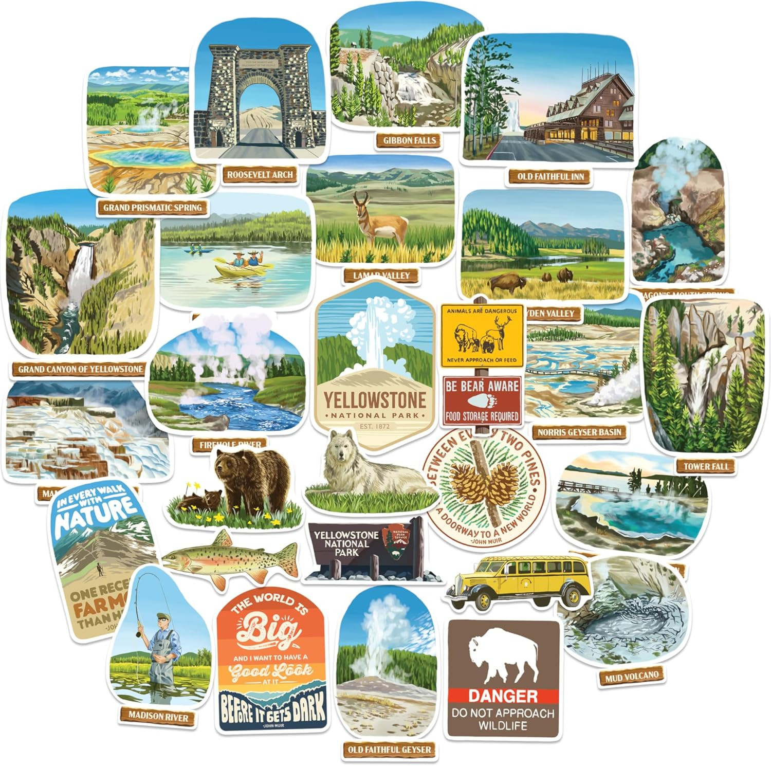Yellowstone National Park Stickers (28Pcs) – Hand-Illustrated, America, Nature-T