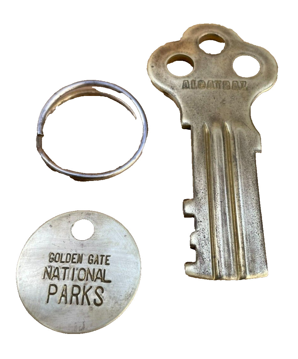 Vintage Souvenir Alcatrz Brass Key w/ Golden Gate National Park Tag Fob
