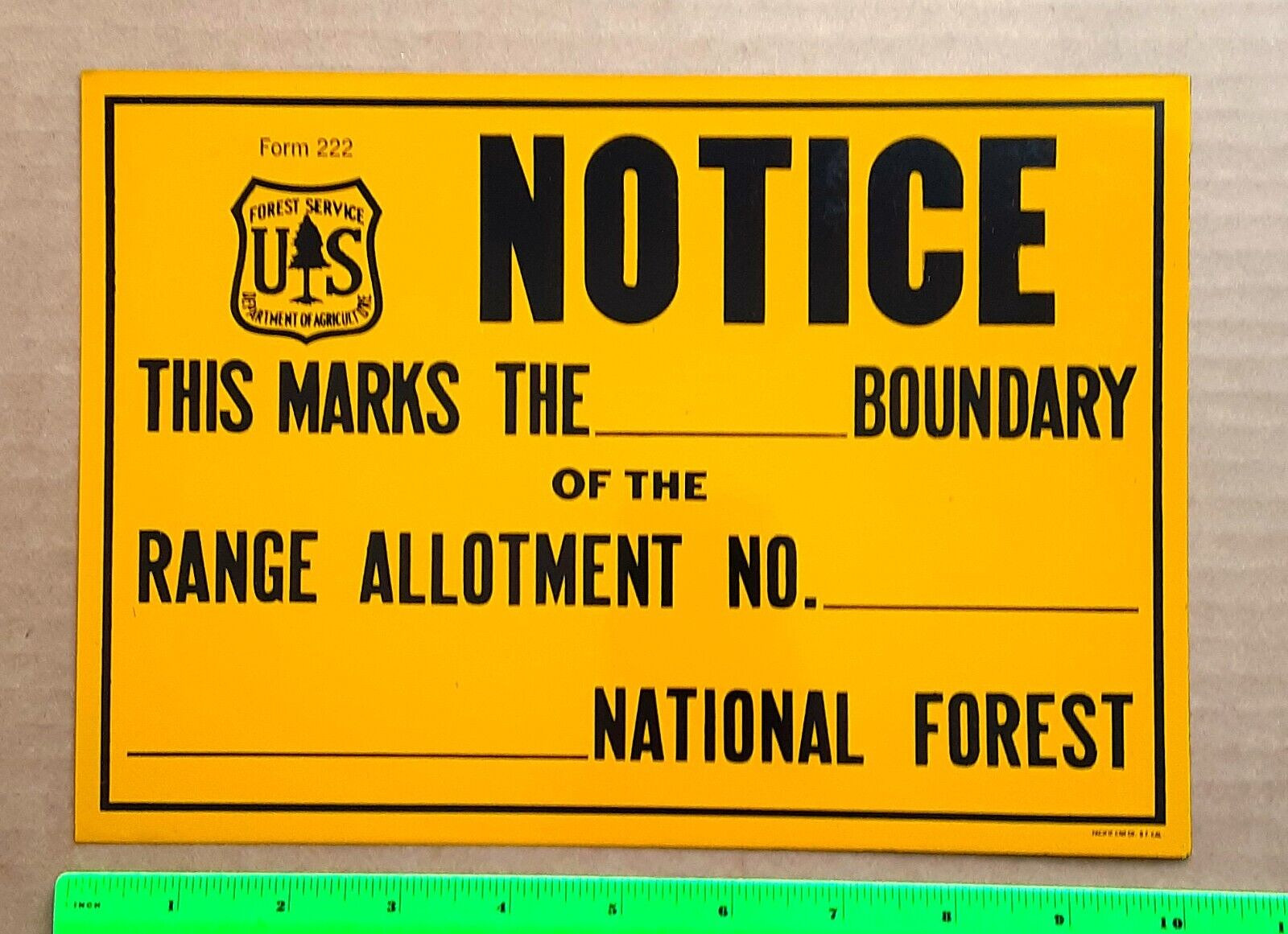 Original Old Forest Service NOTICE..BOUNDARY RANGE ALLOTMENT.. tin sign Form 222
