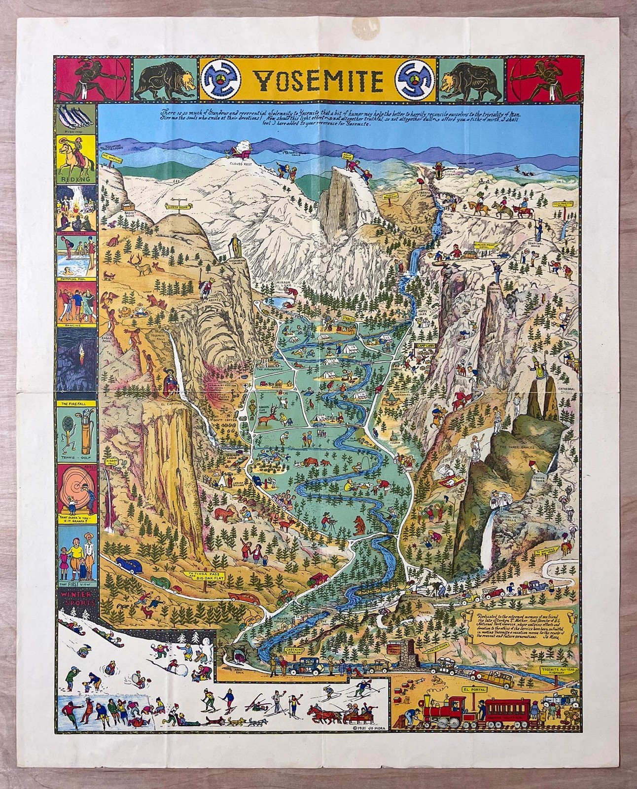 1931 Yosemite National Park Pictorial Cartoon Map by Jo Mora 1949 ed. Original