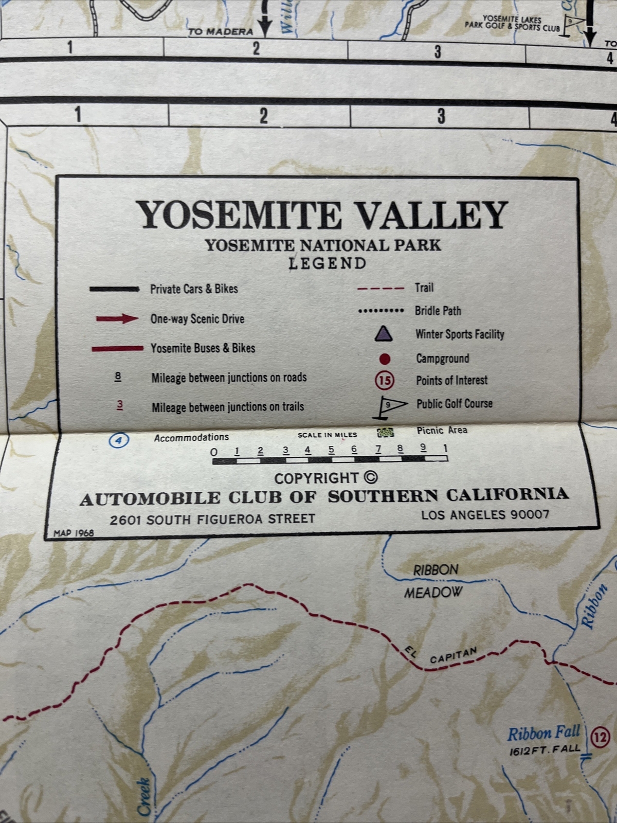 1960-70 YOSEMITE NATIONAL PARK & VALLEY Fold-Out Map AAA Southern California