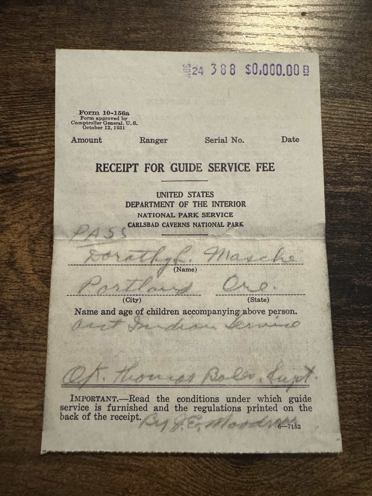 Antique 1931 Receipt US National Park Services, Carlsbad Caverns New Mexico