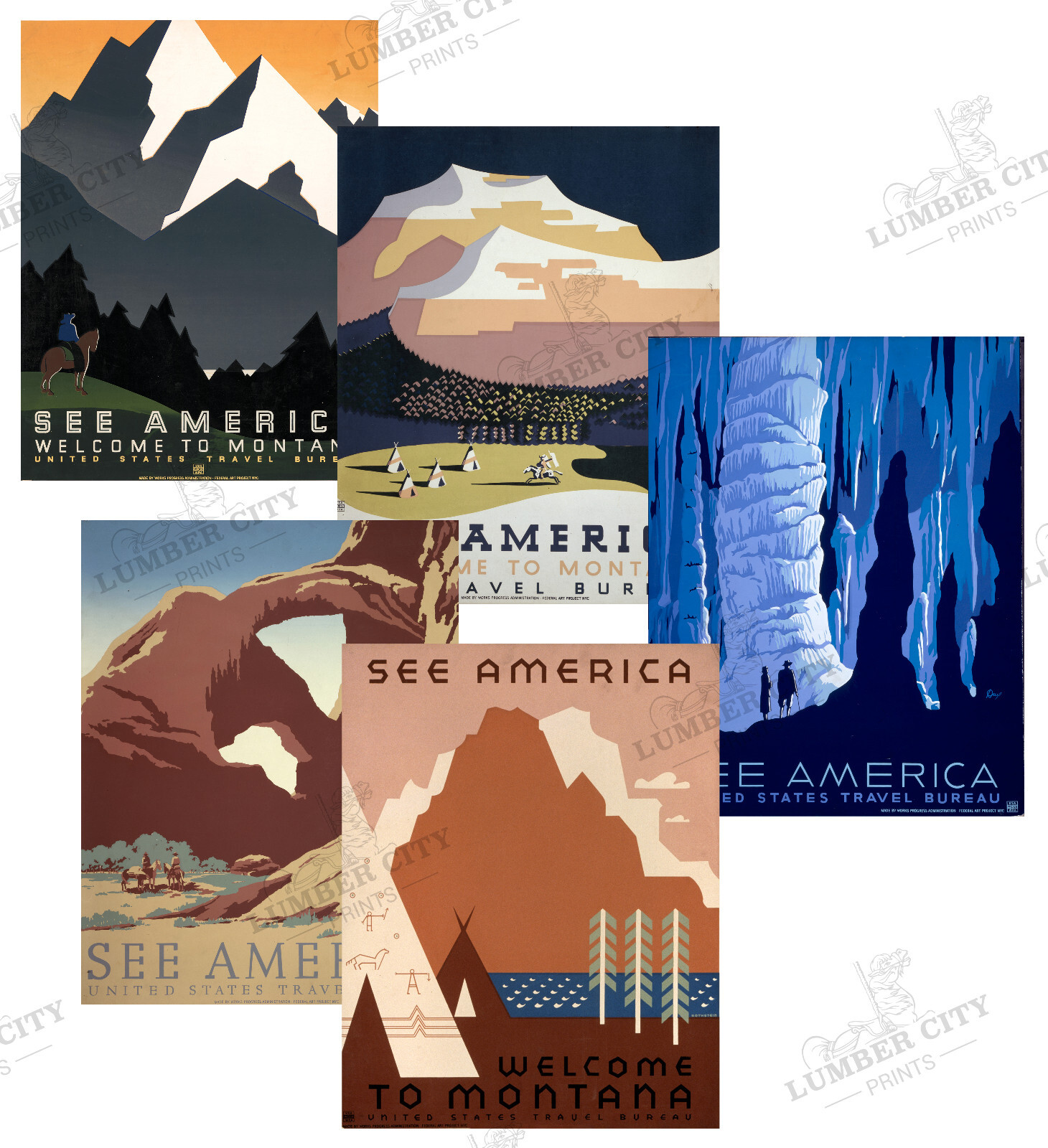 SET of FIVE US Travel Bureau Montana National Park Travel Posters 1936 – 18×24