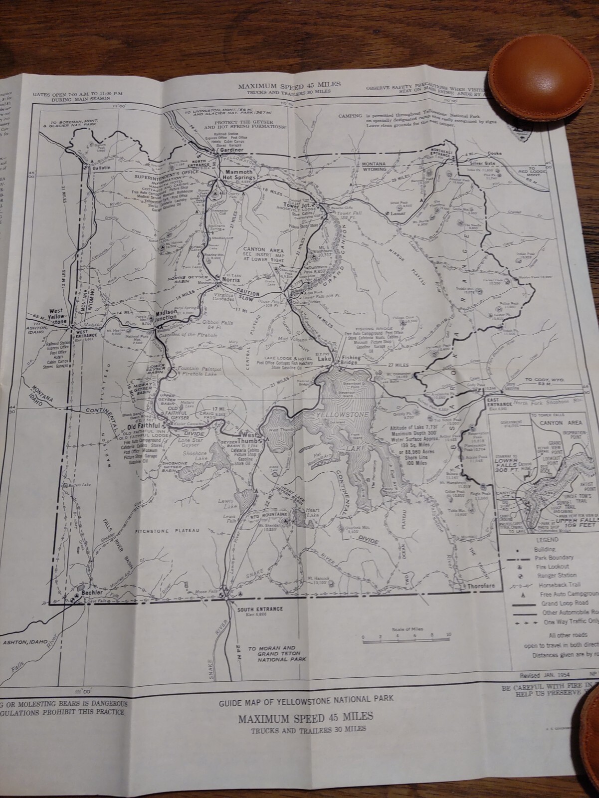 1954 Yellowstone National Park Map Black and White Wyoming Montana Idaho