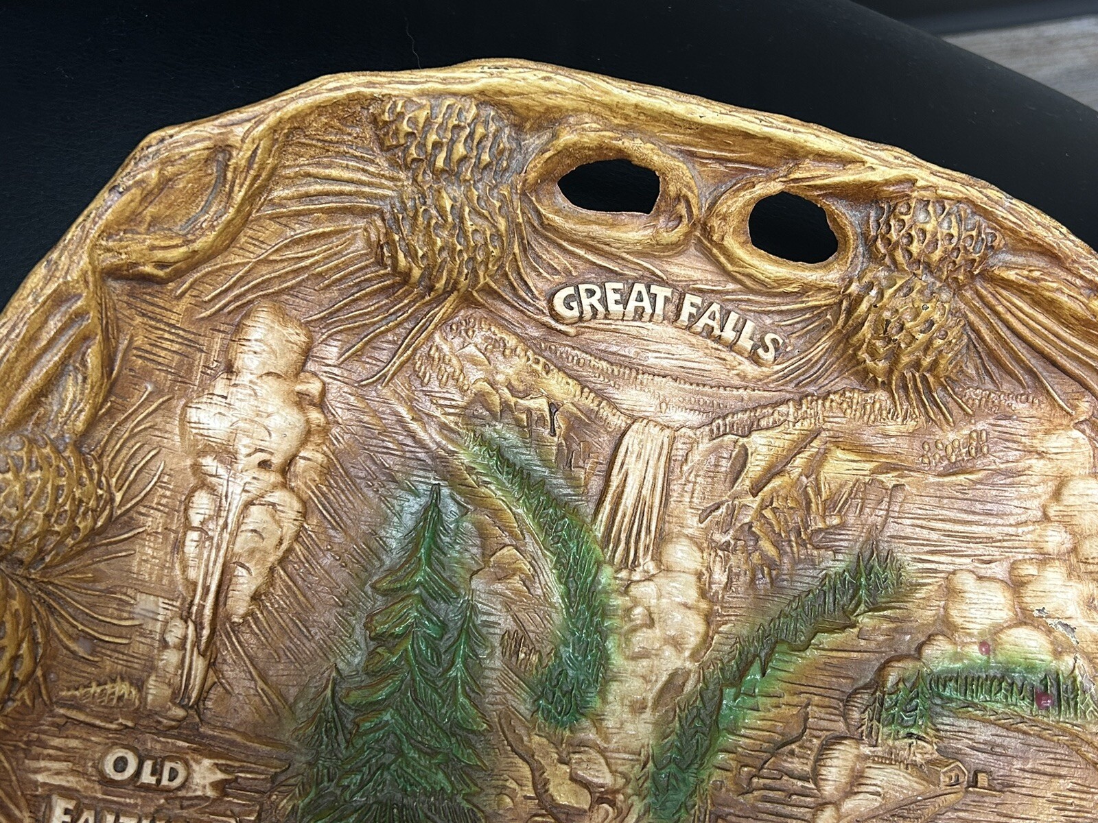 Vintage Taco Yellowstone Park Souvenir Plate Bowl 3D Faux Wood Retro W/Hanger