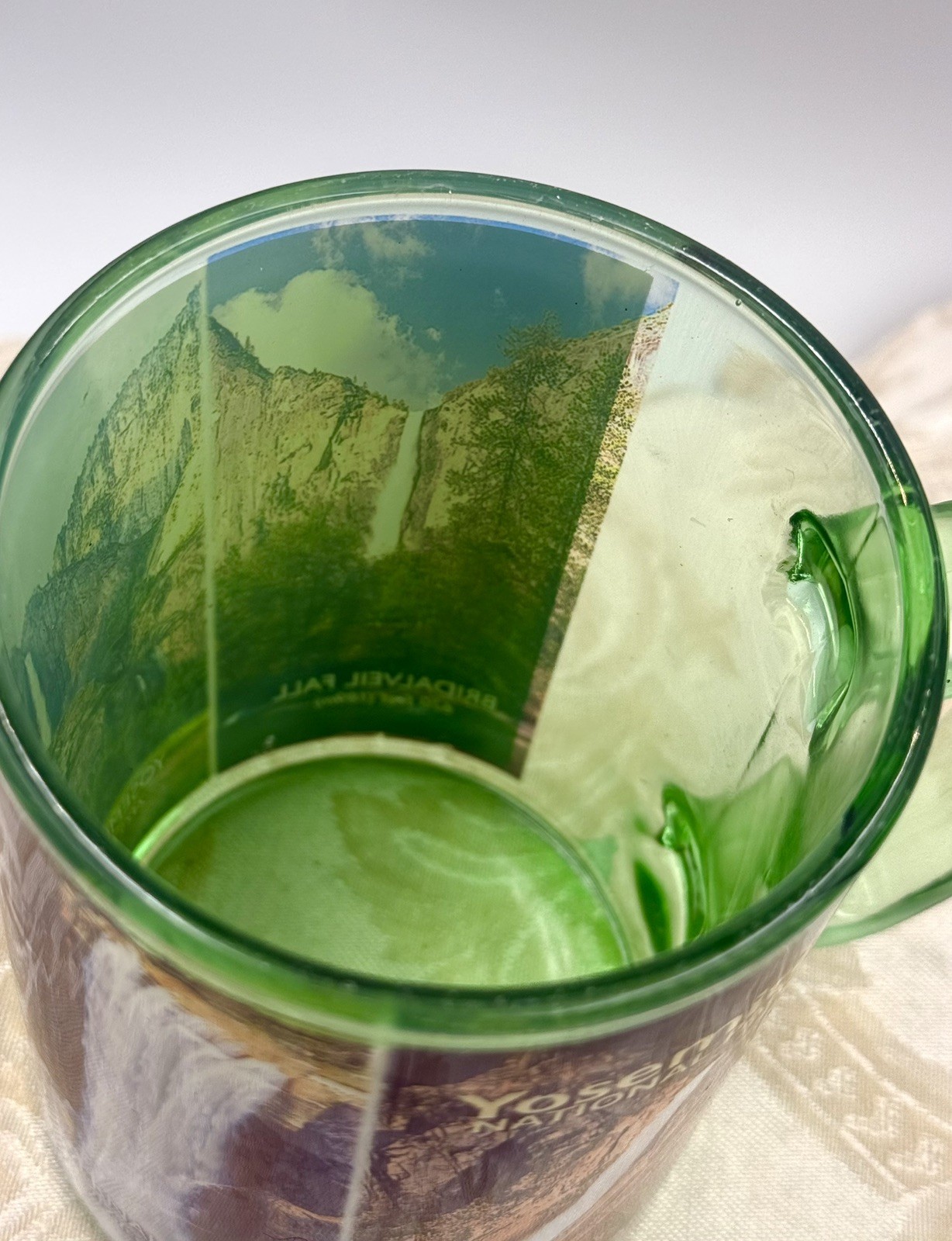 VTG Yosemite National Park & The Four Falls Park Green Glass Coffee Cup Mug