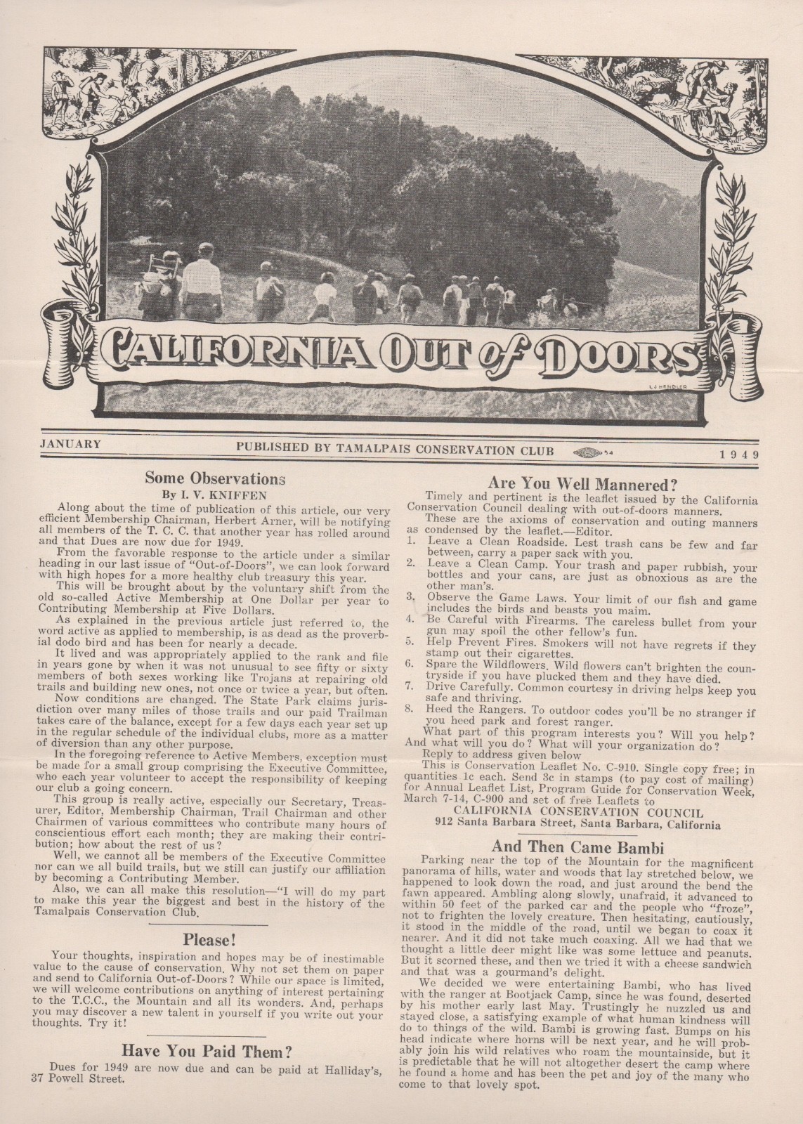 1949 Issue of ” California out of Doors ” Tamalpais Conservation Club ” Marin Co
