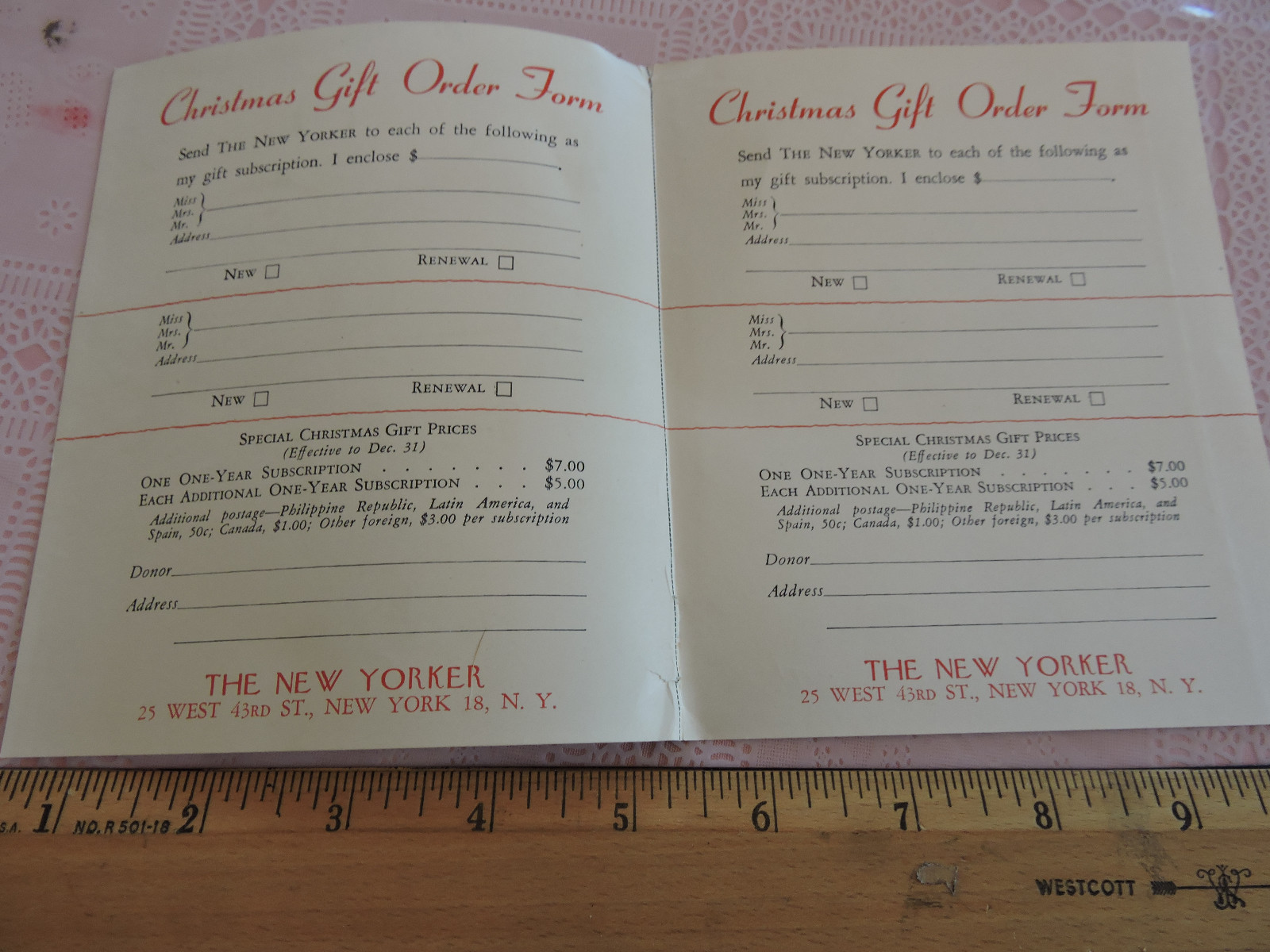 Rare 1930s – ’50s THE NEW YORKER Magazine NYC New York City Signed subscrip Form