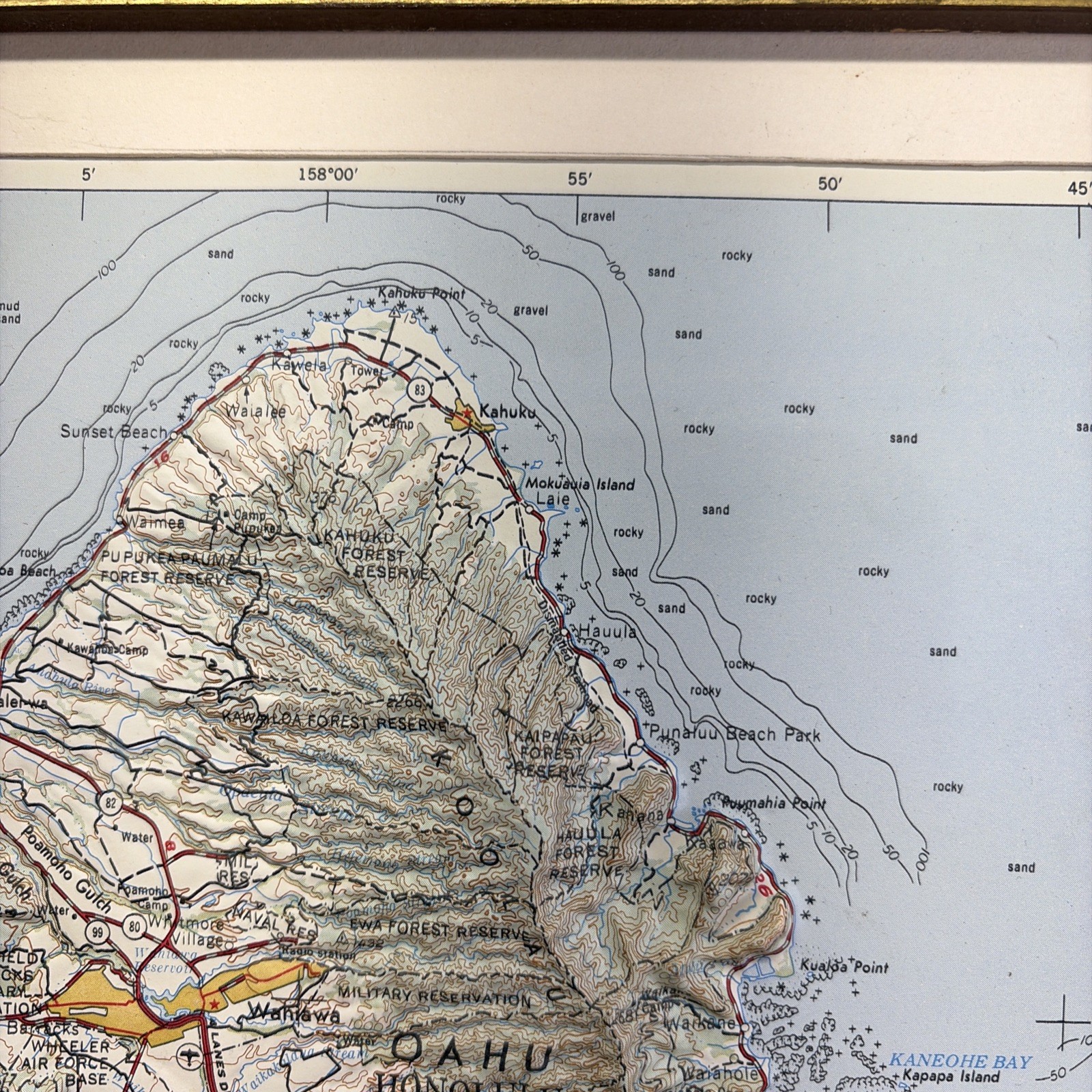 Raised Relief Map of the island of Oahu, Hawaii Honolulu 3D Framed Vintage