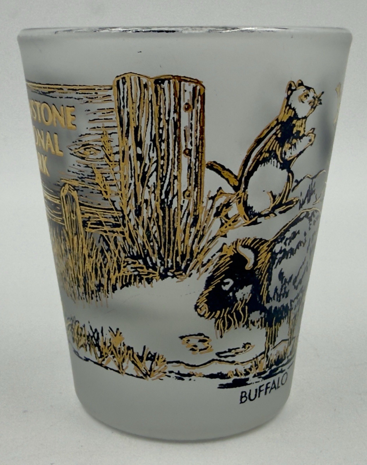 Yellowstone National Park Souvenir Shot Glass Black & 22K Gold A48 By Libbey