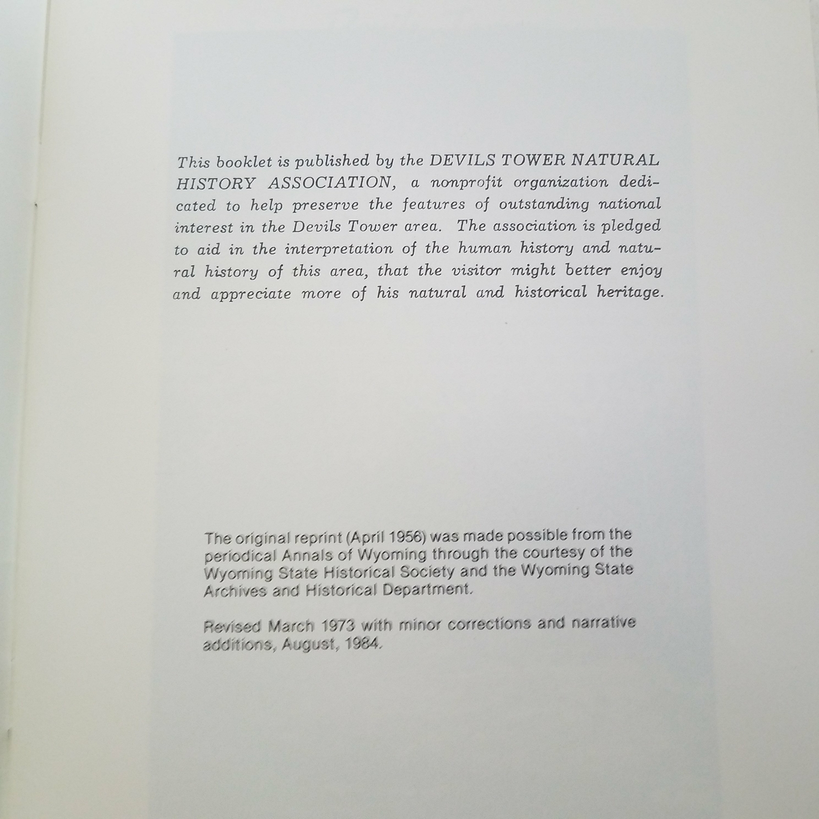 History of Devils Tower by Ray H. Mattison 1984