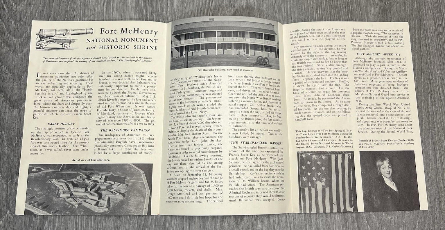 Vintage 1954 Fort McHenry National Monument Maryland Shrine Brochure Pamphlet