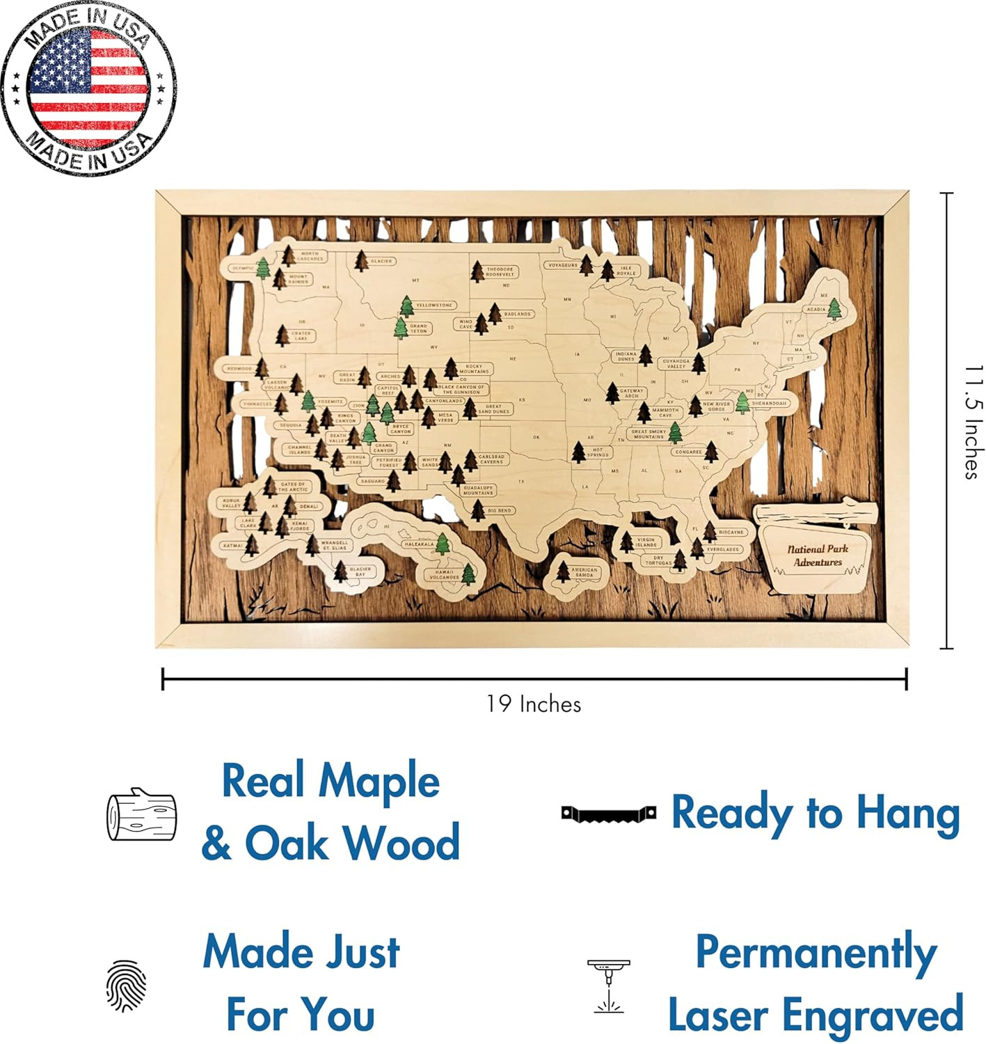 Wooden National Park Map with Push Pin Travel Tracker – All 63 Parks Checklist –
