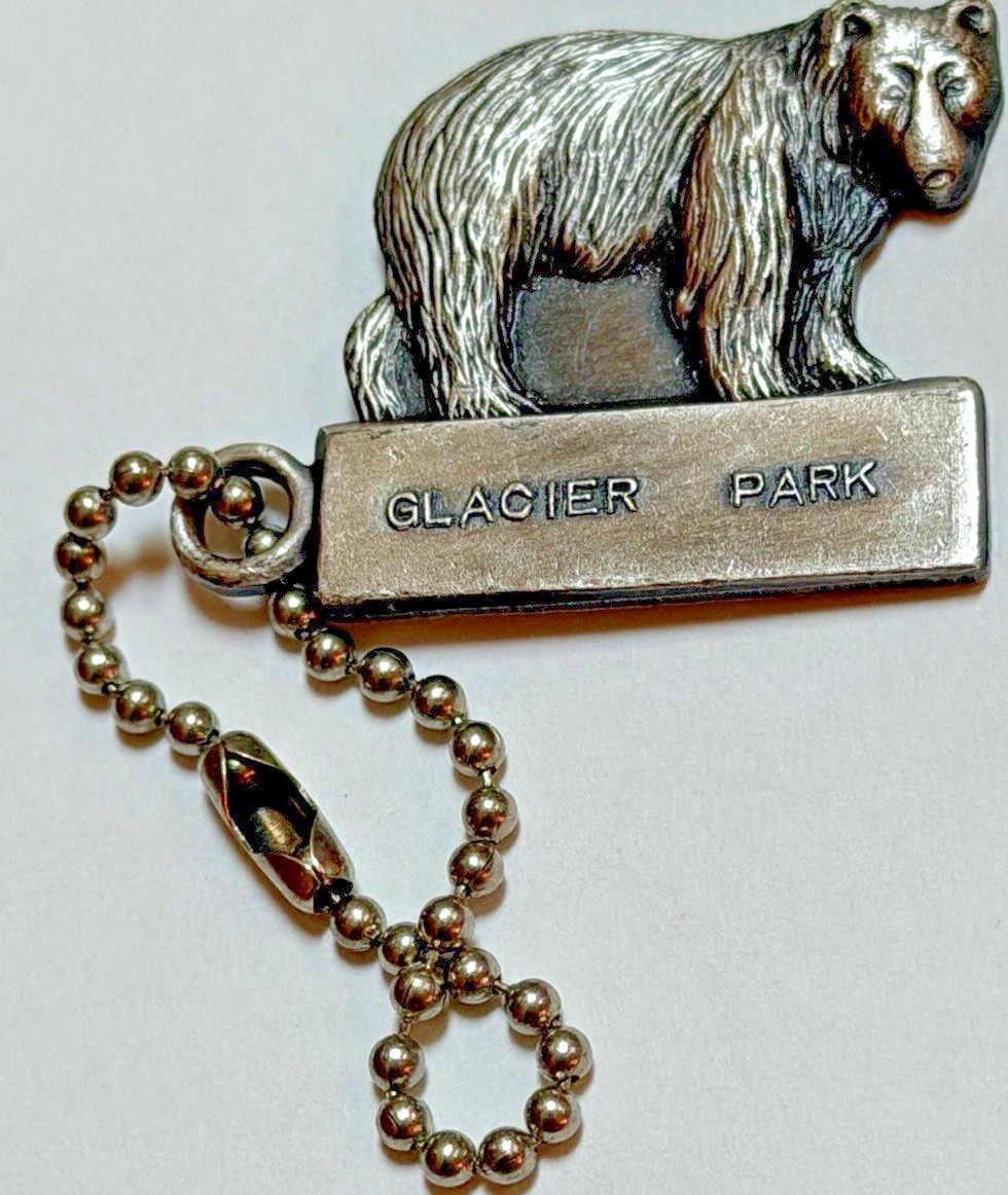 1950s GLACIER NATIONAL PARK Pewter BEAR KEYCHAIN / FOB & Brochure / Map