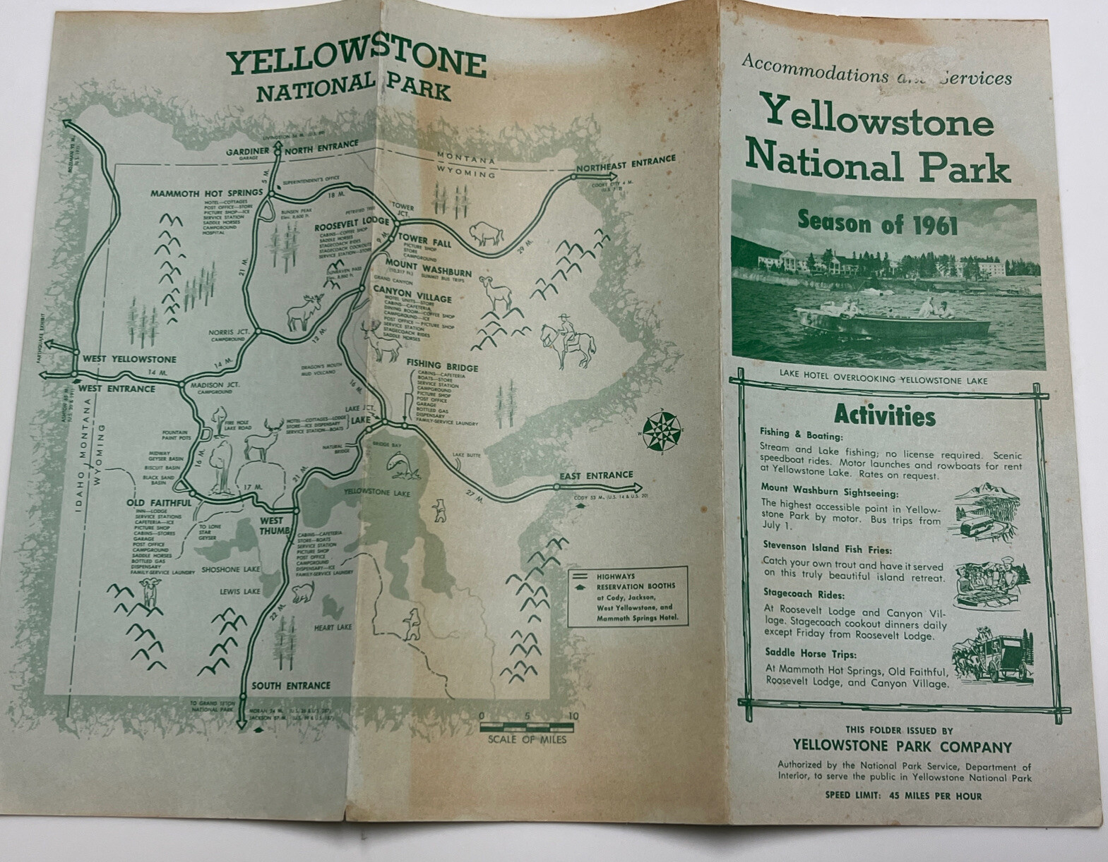 RARE Vintage 1961 Brochure YELLOWSTONE NATIONAL PARK W Fold Out Map & Rates Ect