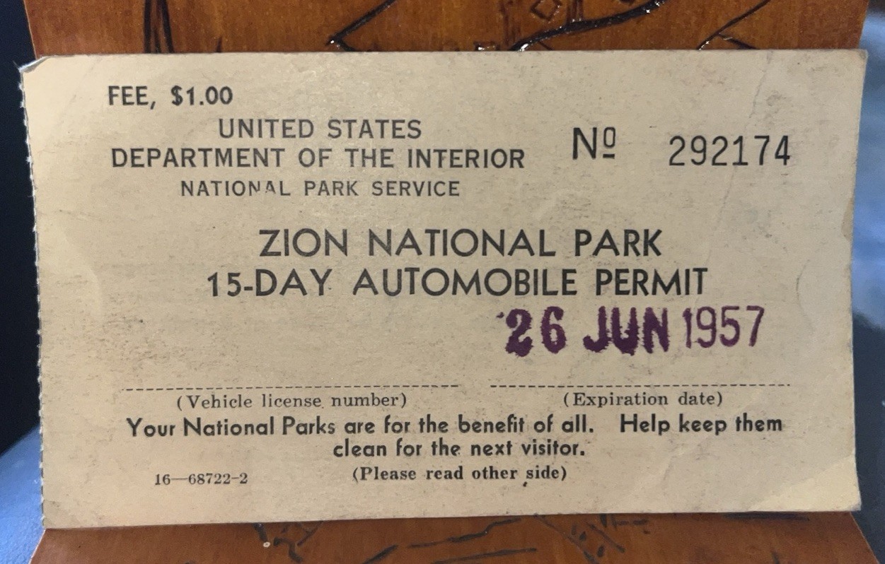 1957 Zion National Park 15-Day Automobile Permit US Department Of Interior NPS